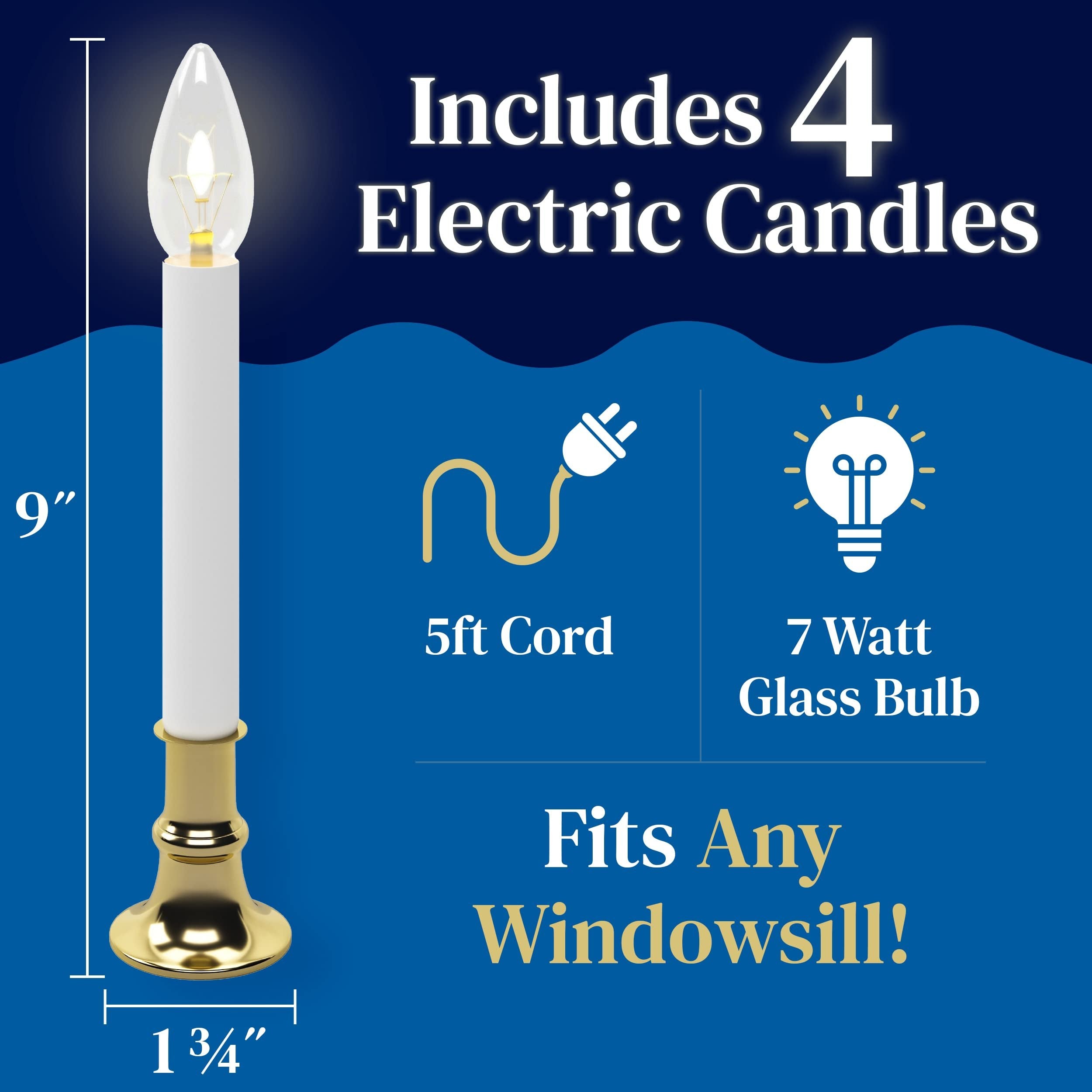 PREXTEX Christmas Candles - Set of 4 Brass Plated Window Candles with Sensor Dusk to Dawn - Candle Set for Home & Kitchen w/Automatic On/Off Sensor, Christmas Lights, Candle Lamp, Party Lights