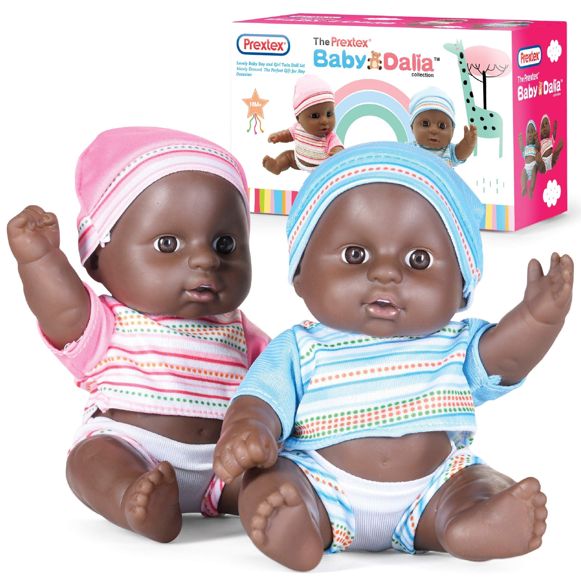 Prextex Mini Twin Black Baby Doll Set - African American Doll Set | Realistic Baby Doll Black Girl and Boy Baby Doll | Baby Dolls for 2 Year Old Girls | Doll Baby Toy for Toddlers | Toddler Baby Doll