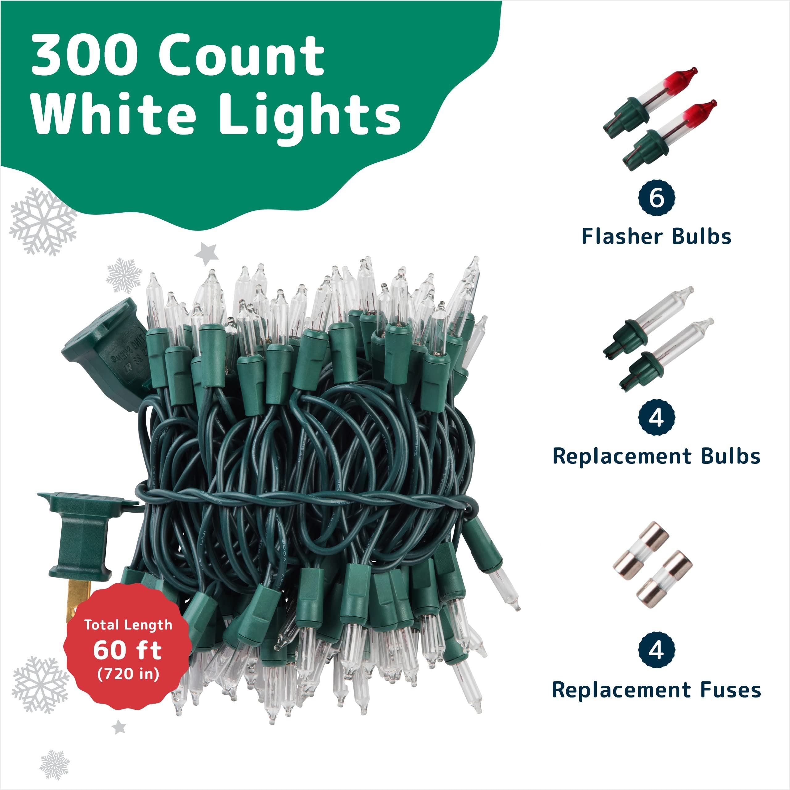 PREXTEX Christmas Lights (60 Feet, 300 Lights) - Clear White Christmas Tree Lights with Green Wire - Indoor/Outdoor String Lights - Warm White Twinkle Lights