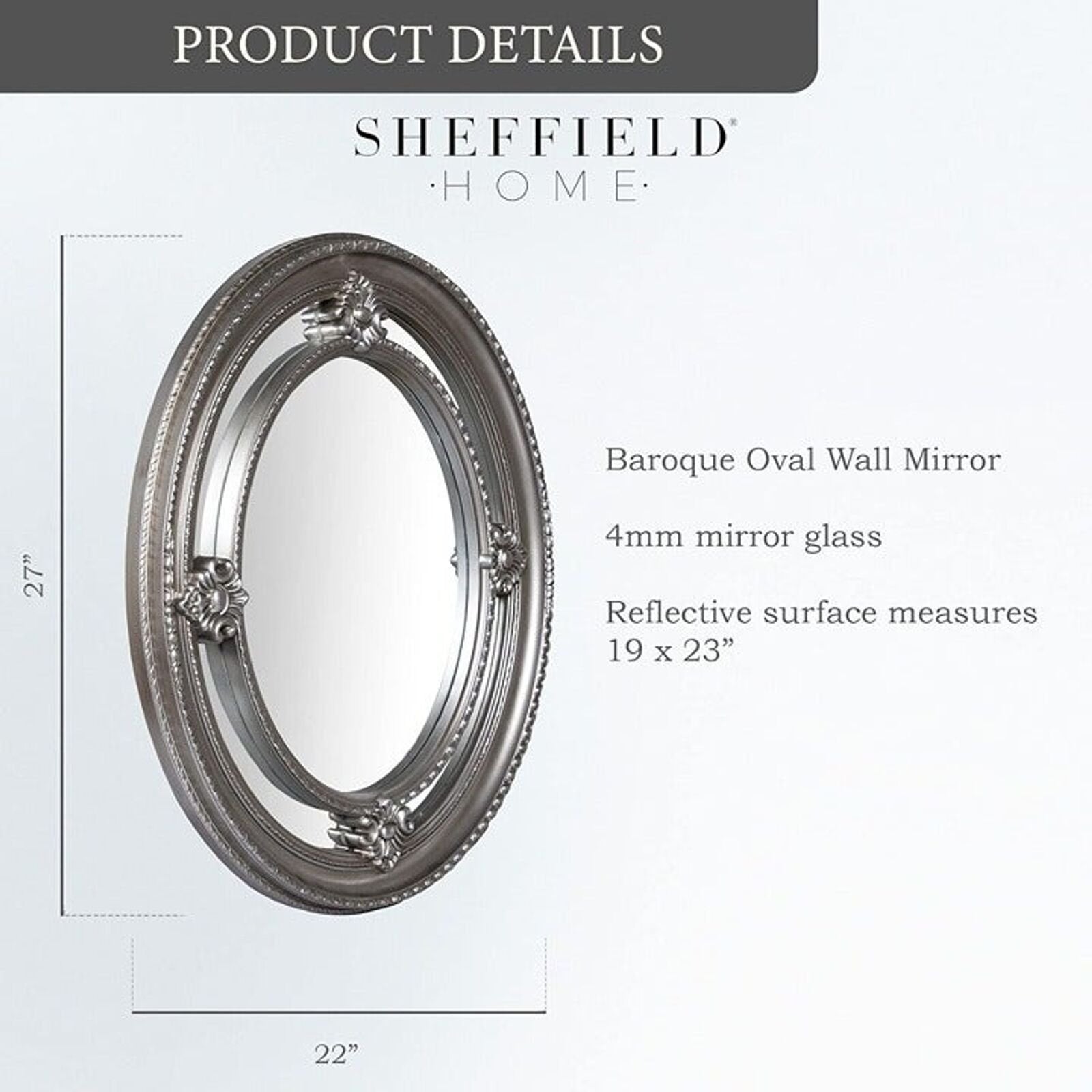 Sheffield Home 22 x 27 Inch Baroque Oval Wall Mirror Silver