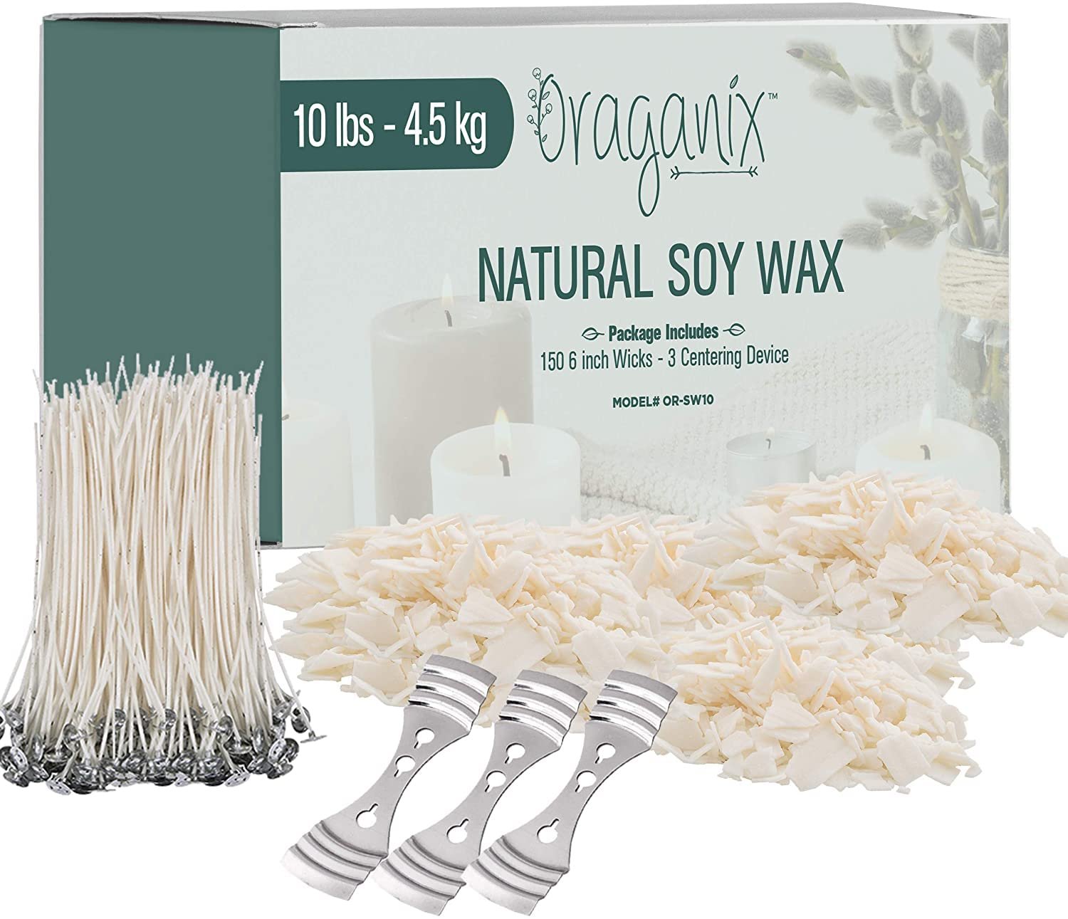 Oraganix DIY Candle Making Kit and Candle Making Supplies - Soy Wax for Candle Making - 10lbs Soy Candle Wax - 150 6-Inch Pre-Waxed Candle Wicks - 3 Metal Centering Devices - Bulk Flakes Soy Wax 10 lb