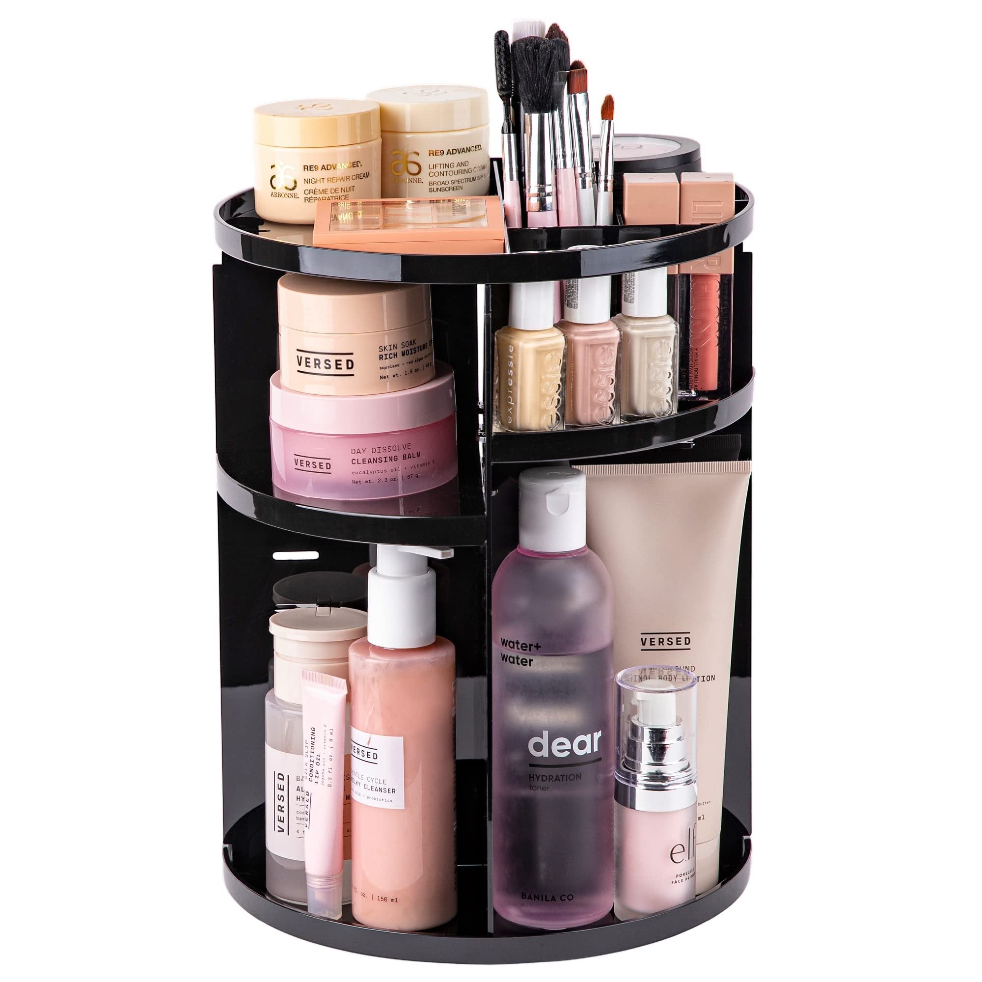 360 Rotating Makeup Organizer - Adjustable Shelf Height and Fully Rotatable. The Perfect Cosmetic Organizer for Bedroom Dresser or Vanity Countertop. (Black)