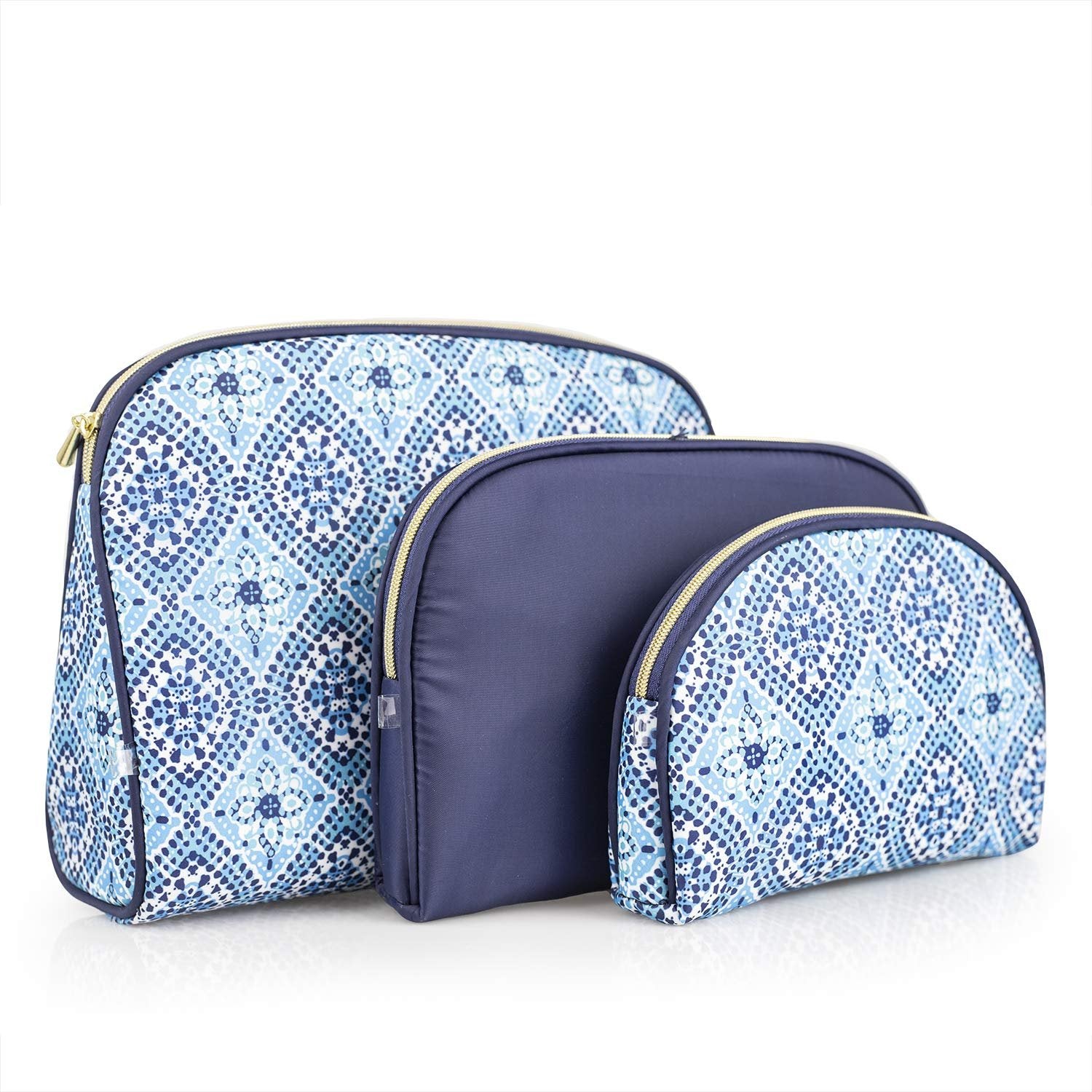 Once Upon a Rose 3 Pc Cosmetic Bag Set, Purse Size Makeup Bag for Women, Toiletry Travel Bag, Makeup Organizer, Cosmetic Bag for Girls Zippered Pouch Set, Large, Medium, Small (Navy & Blue)