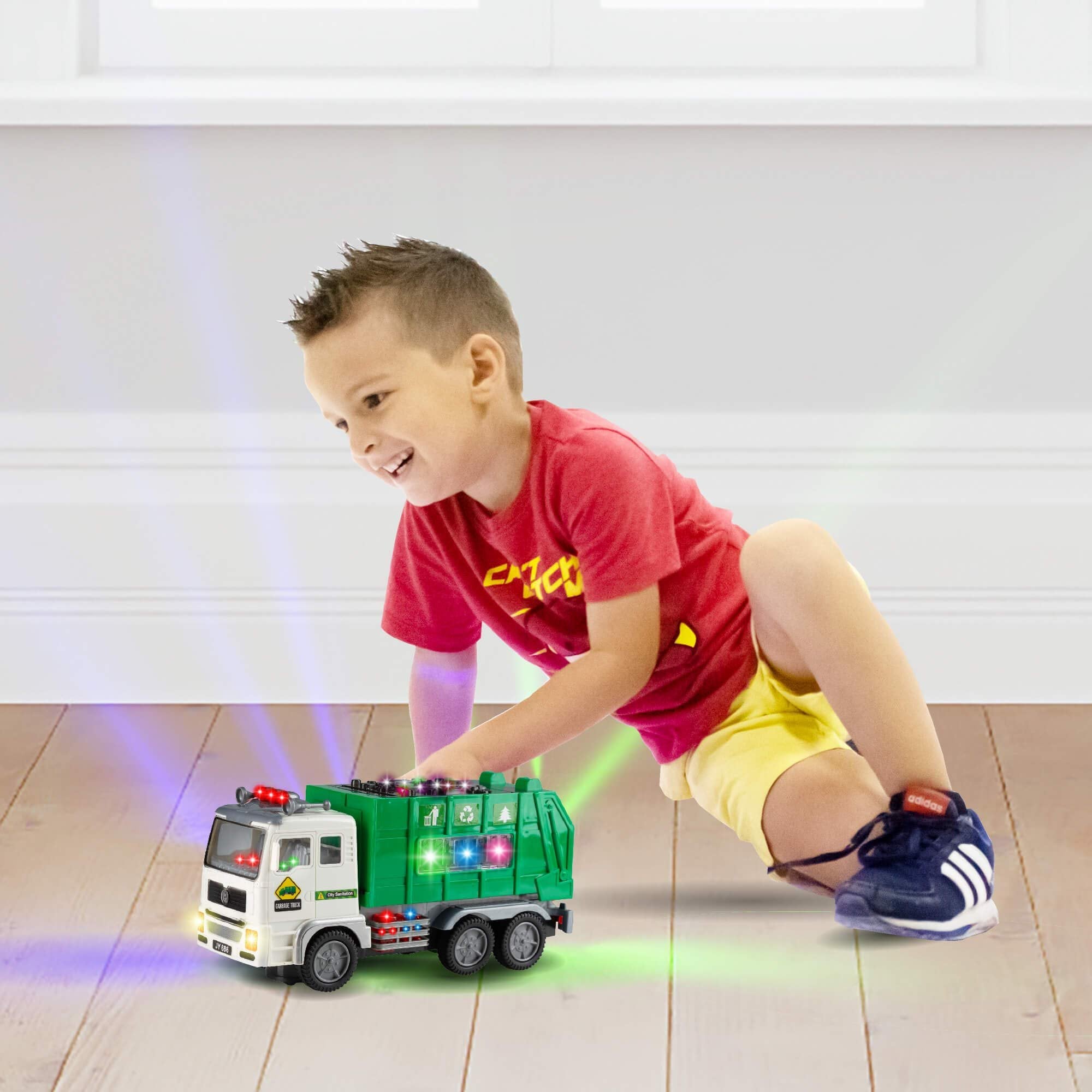 Zetz Brands Toy Garbage Truck for Kids with 4D Lights and Sounds - Battery Operated Automatic Bump & Go Car - Sanitation Truck Stickers