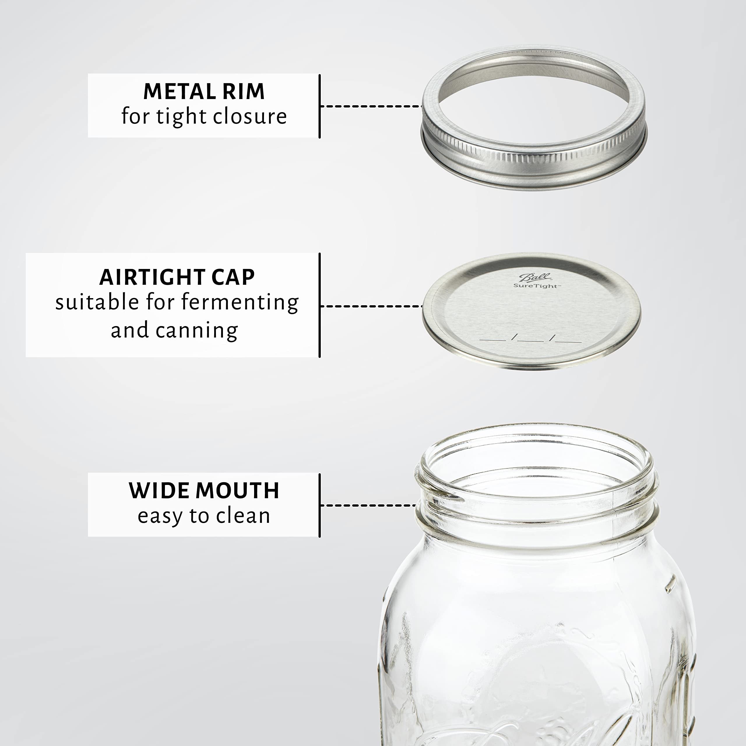 kitchentoolz 64 oz Wide Mouth Mason Jars Half Gallon Mason Jars with Airtight Lids and Bands for Canning, Fermenting & Pickling - Made in USA Pack of 2