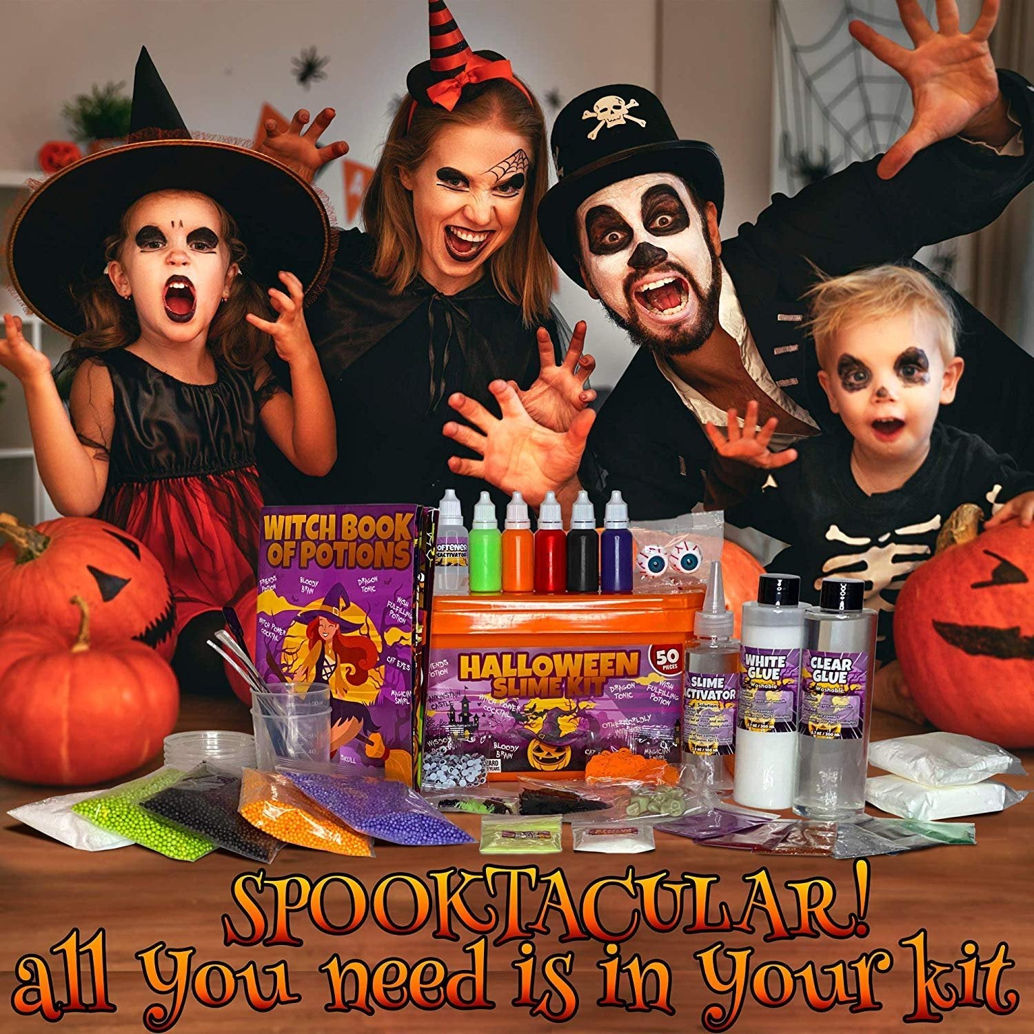 Laevo Spooky Slime Kit for Girls and Boys - 50 Pieces DIY Slime Making Set Supplies - Slime Glue, Activator, Glowing, Creepy, Scary, and Spooky Add Ins - Slime Making Kit Gift for Kids