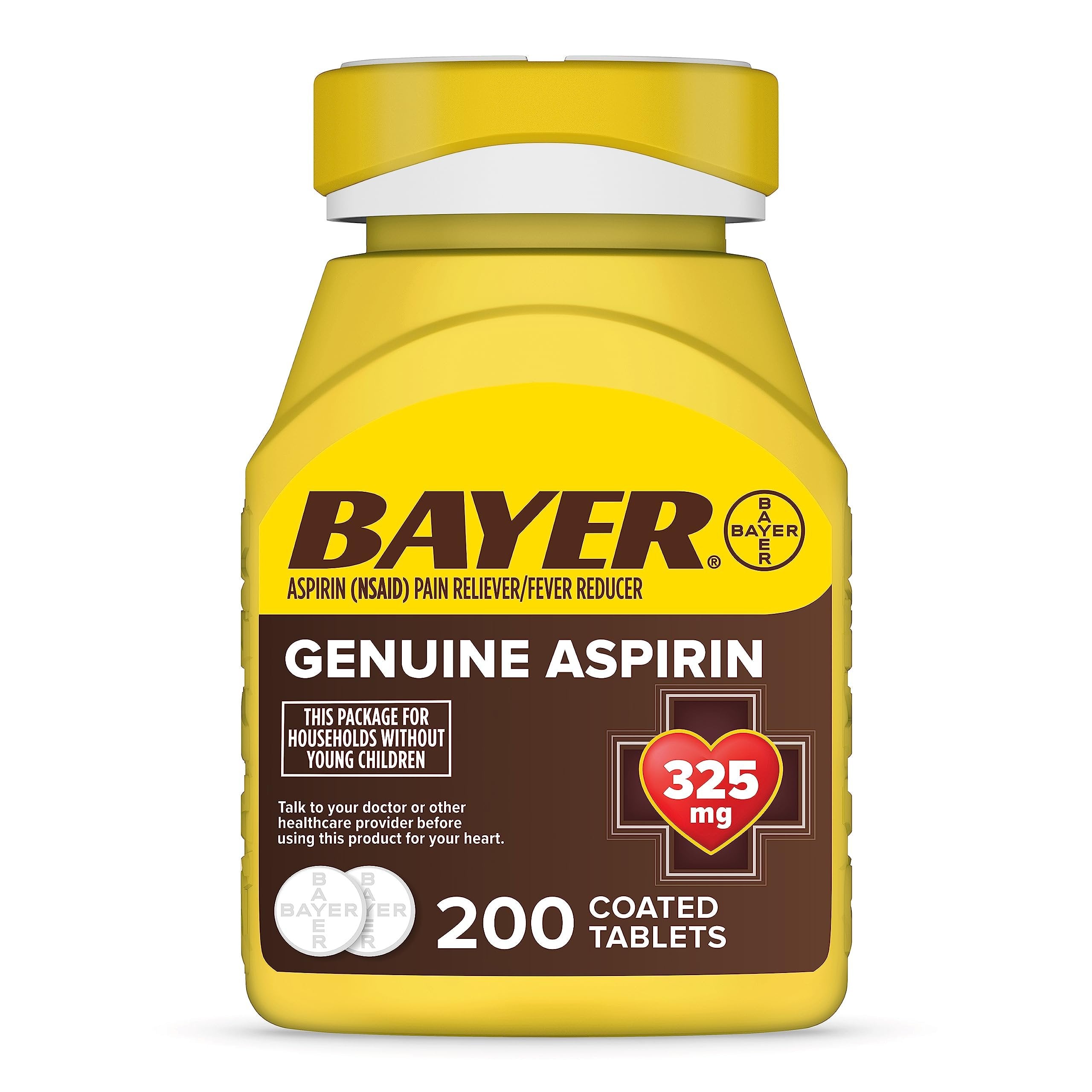 Bayer Genuine Aspirin 325mg Coated Tablets, Pain Reliever and Fever Reducer, 200 Count