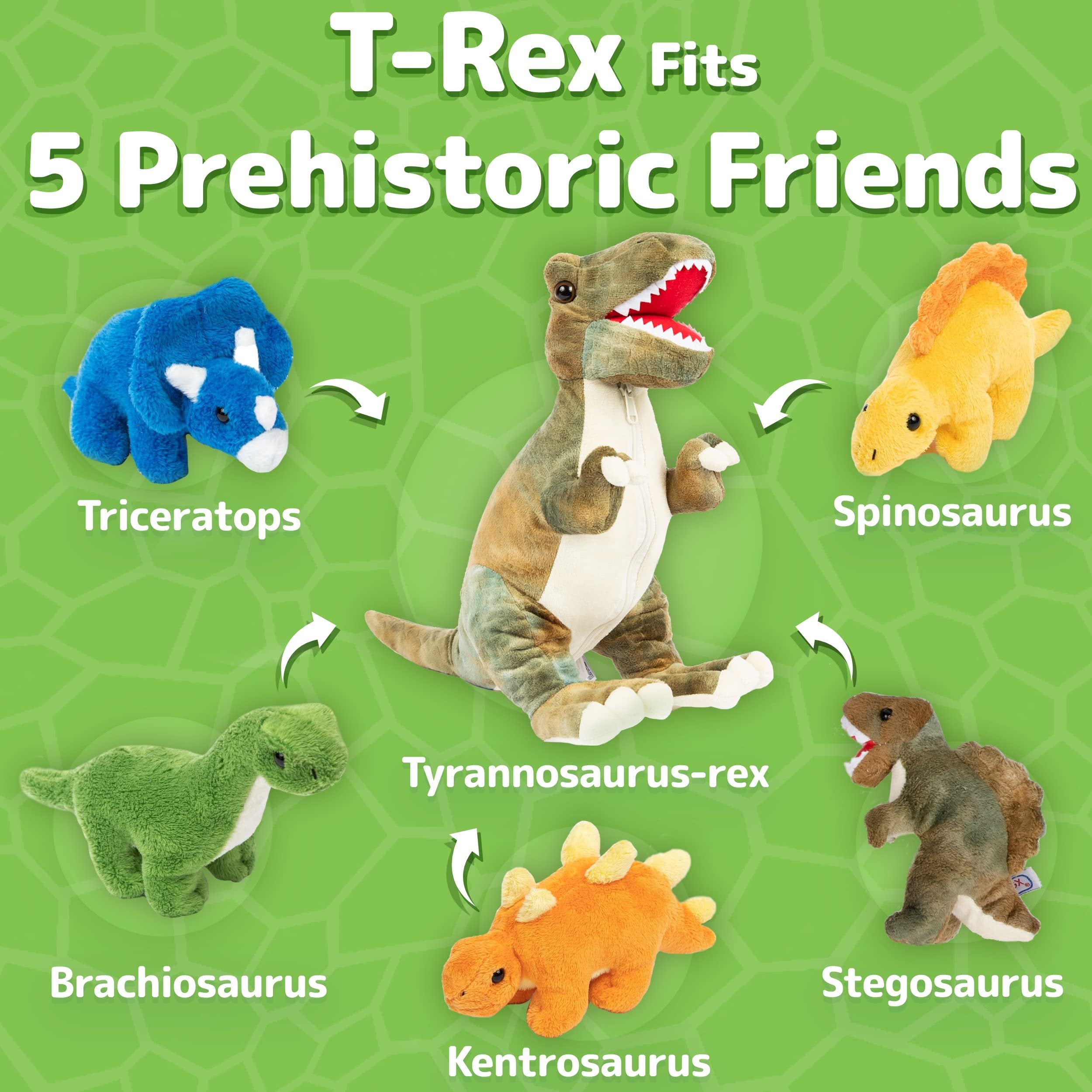 PREXTEX 15" T-rex Dinosaur Stuffed Animal Set w/ 4 Plush Dinosaur Toys Inside, Large Zippered Pouch for Boys & Girls, Colorful Dinosaur Plushies for Kids 3-5