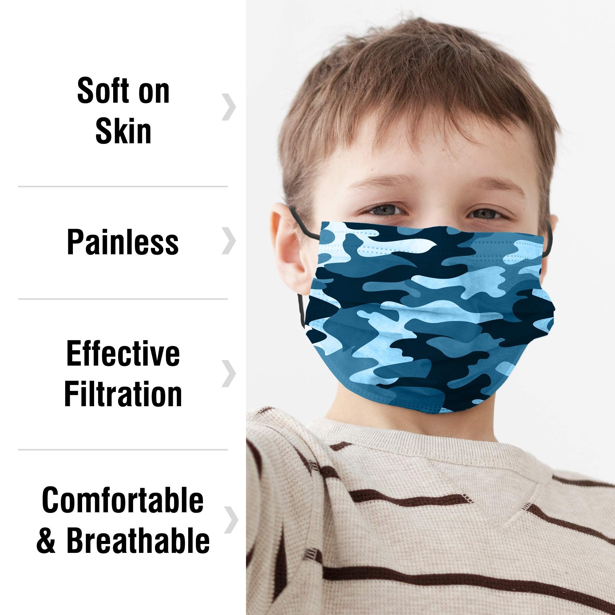 WECARE Kids Disposable Face Masks, 50 Blue Camo Masks, Individually Wrapped