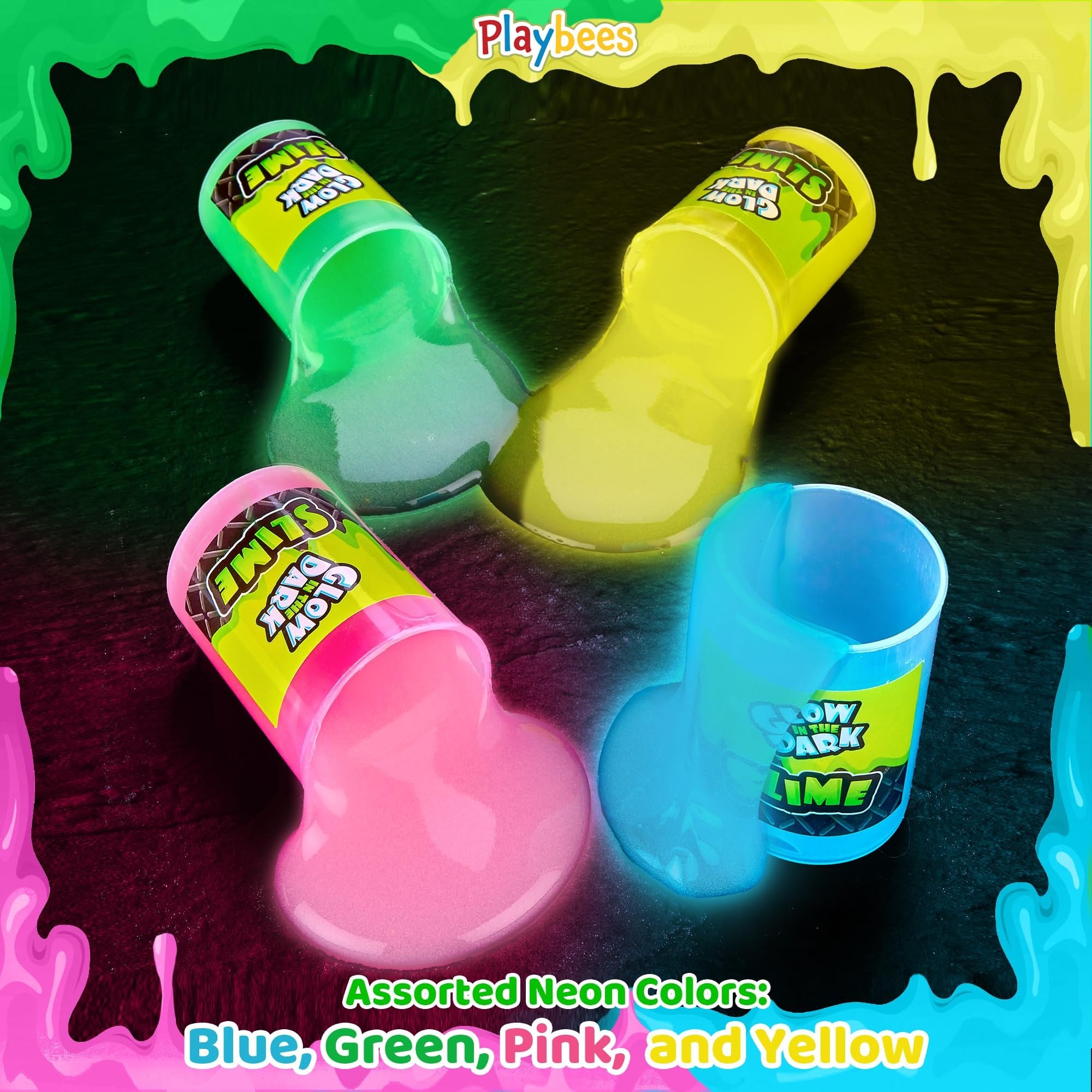 Playbees Glow in The Dark Slime - 6 Pack - Neon Blue, Green, Pink, Yellow Colors - Glowing Slime Kit for Kids - Party Favors, Goody Bag Fillers