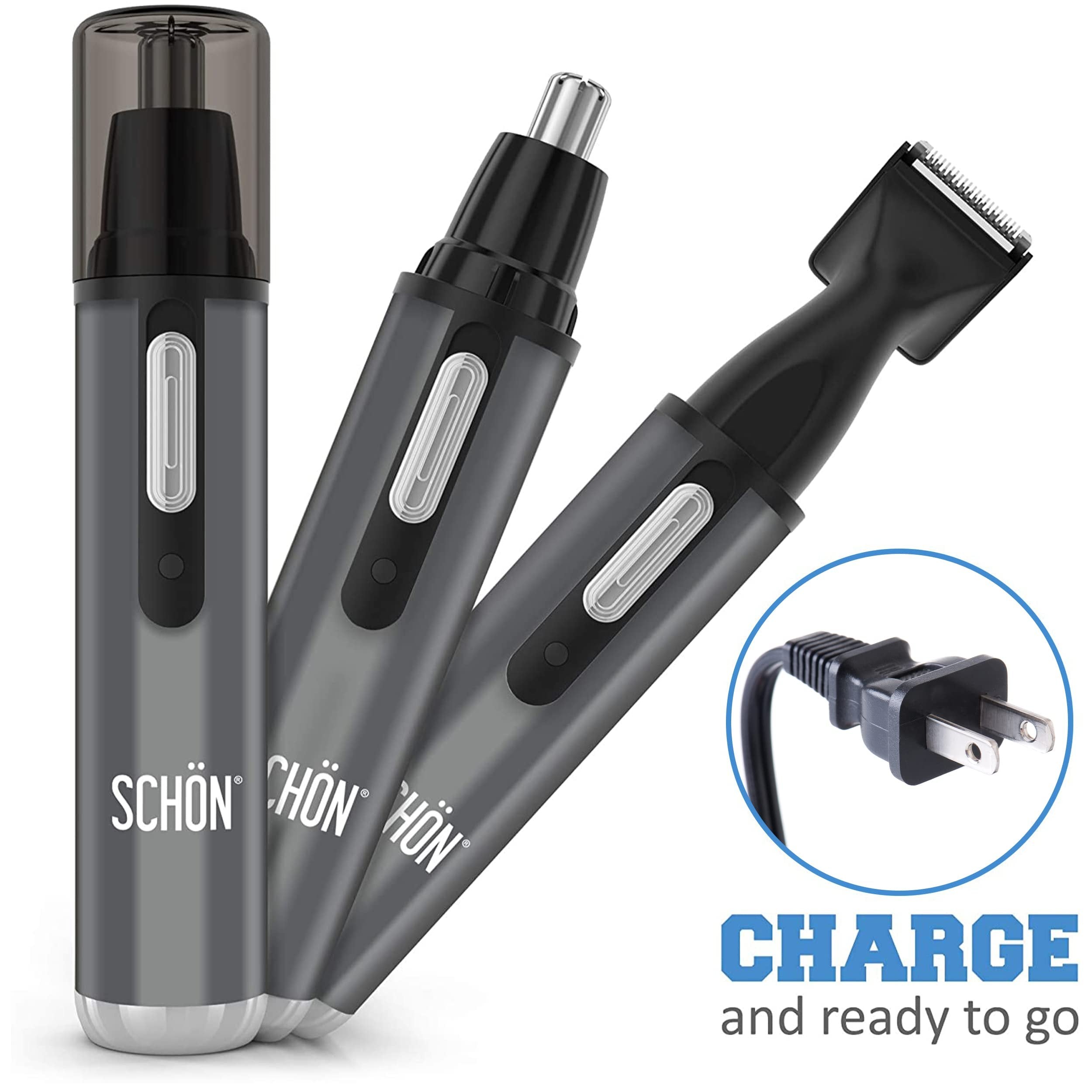 SCHON Stainless Steel Rechargeable 3-in-1 Eyebrow, Ear, Facial, & Nose Hair Trimmer/Clipper for Men&Women | Hair Clippers, Flawless Hair Remover, Male Beard Trimmers, Grooming Kit, Groomer (Gray)