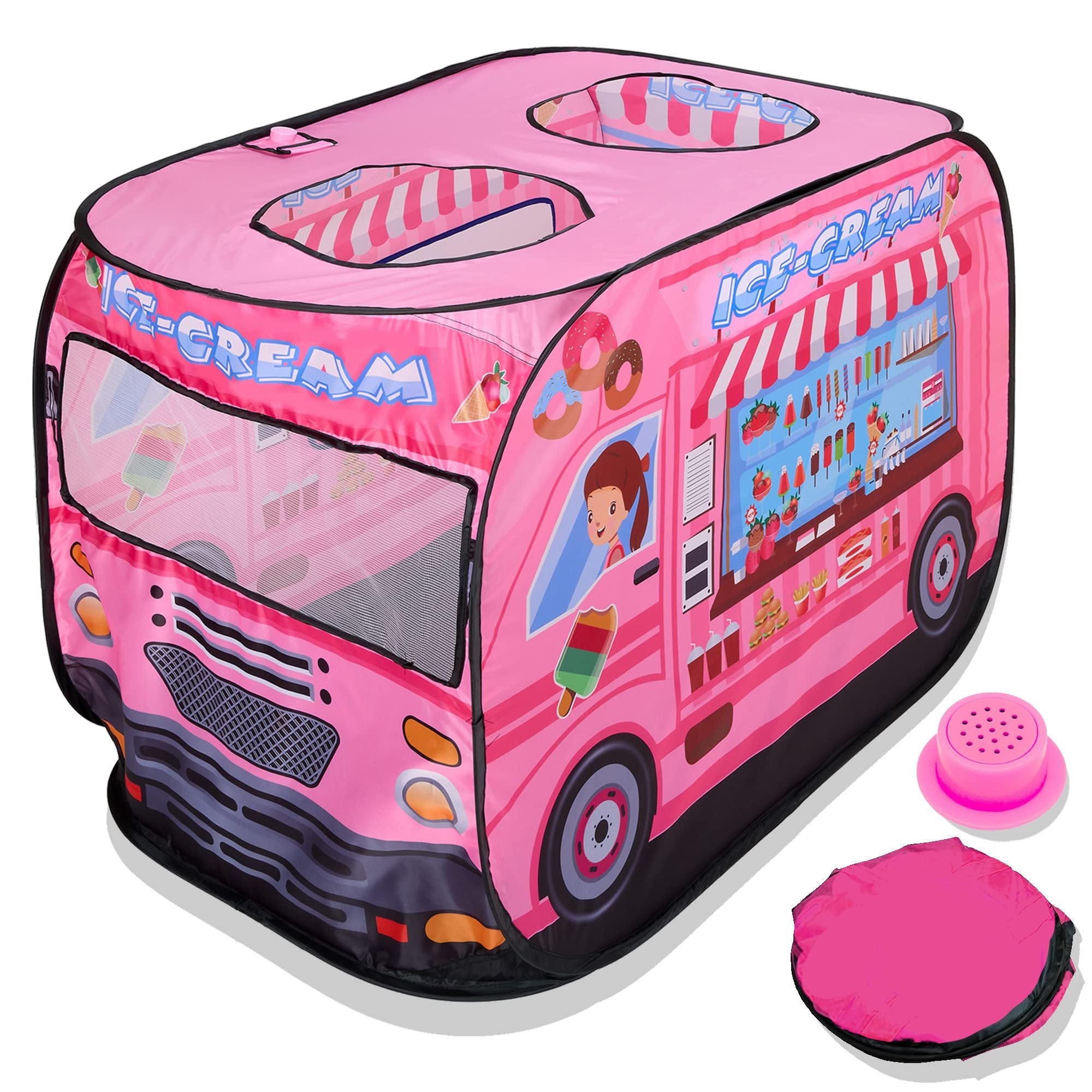 Playbees Musical Ice Cream Truck Pop Up Kids Play Tent with 3 Openings - Pretend Playhouse Tent for Toddlers - Sound Button w/Carry Bag - Boys & Girls Indoor Outdoor Toy - Ideal for Fun, Gift & Prop