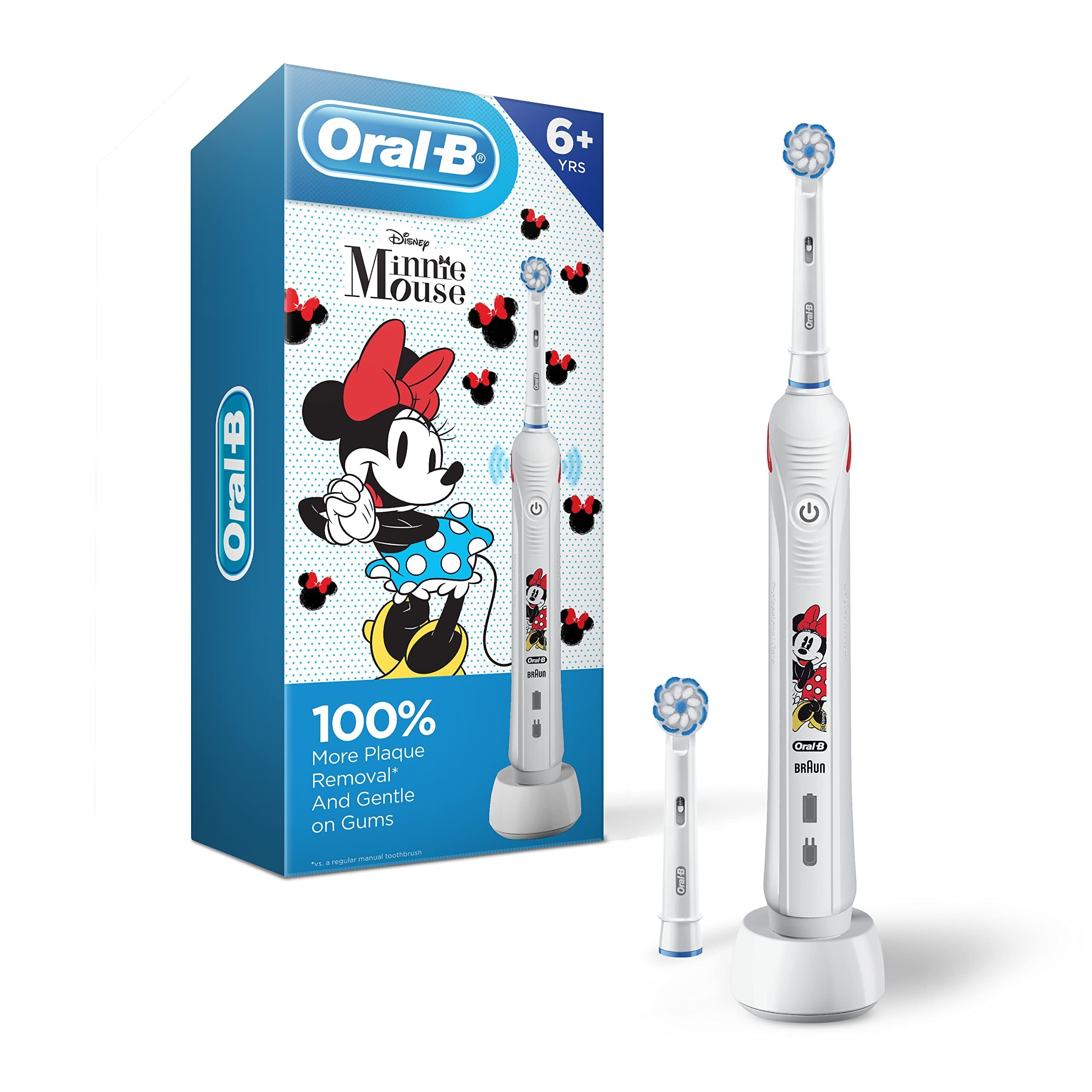 Oral-B Kids Electric Toothbrush Featuring Disney's Minnie Mouse, Rechargeable Toothbrush with (2) Brush Heads, for Kids 6+