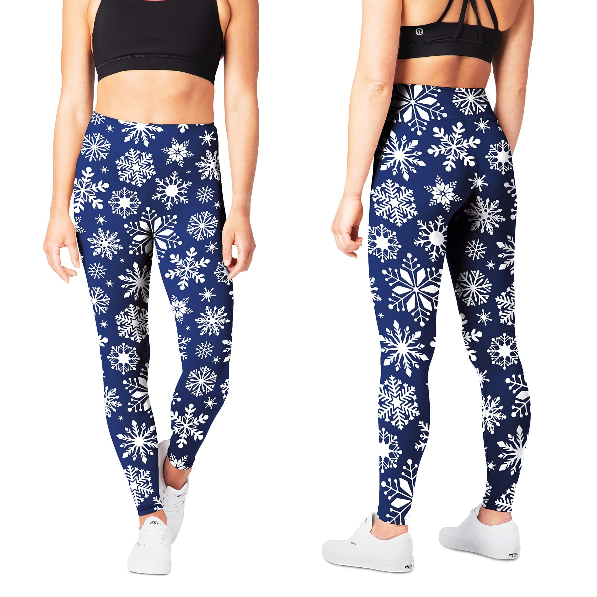 SATINA Womens Christmas Pants - Buttery Soft Highwaisted Holiday Leggings, Blue Snowflake, One Size