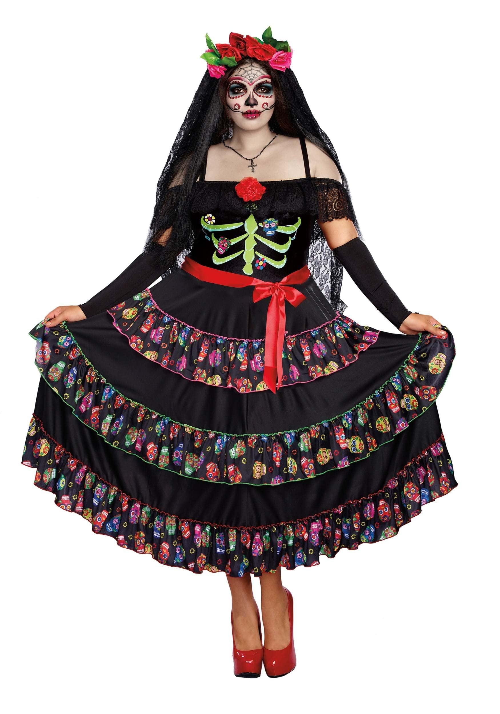 Dreamgirl Womens Lady of the Dead Costume, Adult Day of the Dead Halloween Costume - Large