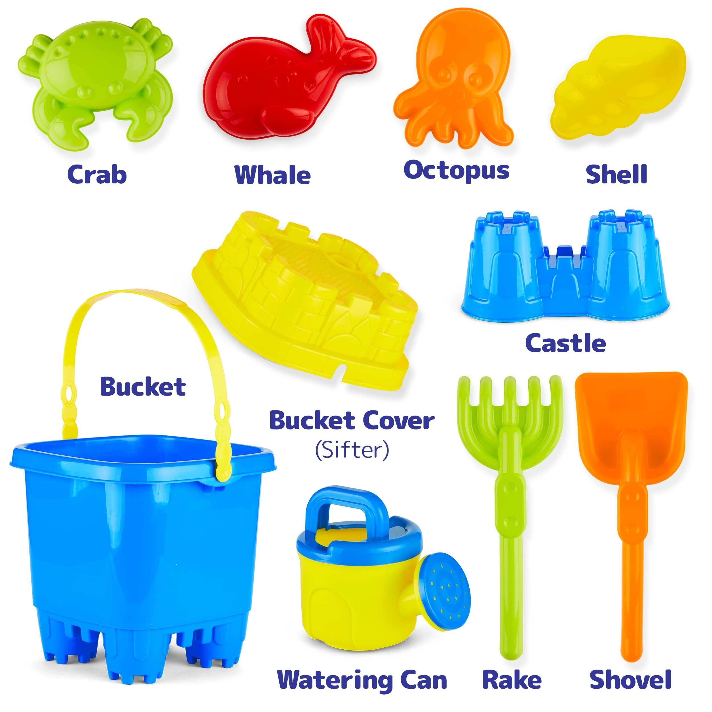 PREXTEX 10 Piece Beach Sand Toys Set for Kids - Bucket with Sifter, Shovel, Rake, Watering Can, 5 Animal and Castle Sand Molds for Kids & Toddlers - Sand Buckets and Shovels for Kids, Beach Toy Set