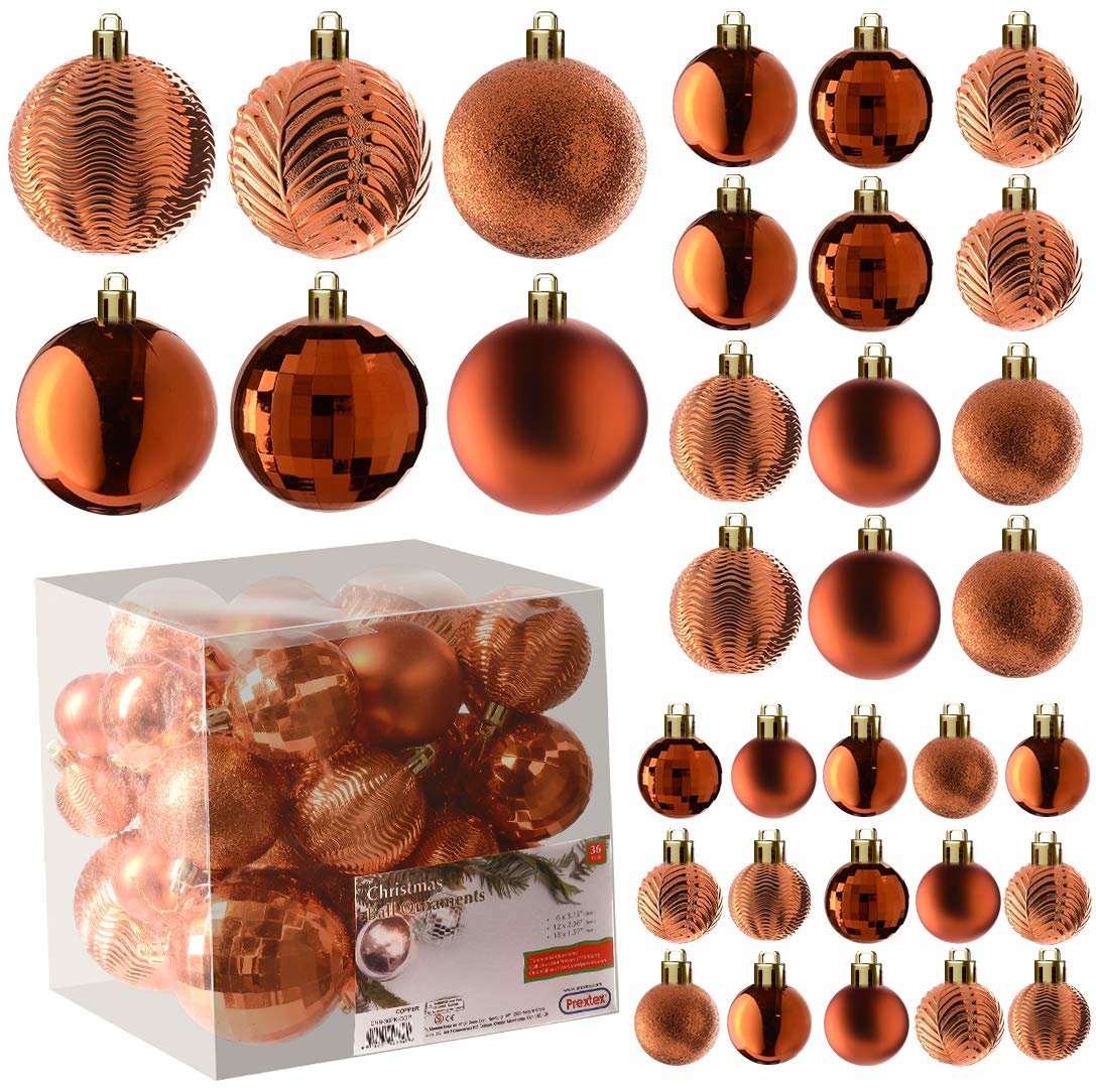 PREXTEX Christmas Tree Ornaments - Copper Orange Christmas Ball Ornaments Set for Christmas, Holiday, Wreath & Party Decorations (36 pcs - Small, Medium, Large) Shatterproof, 3 Size Combo