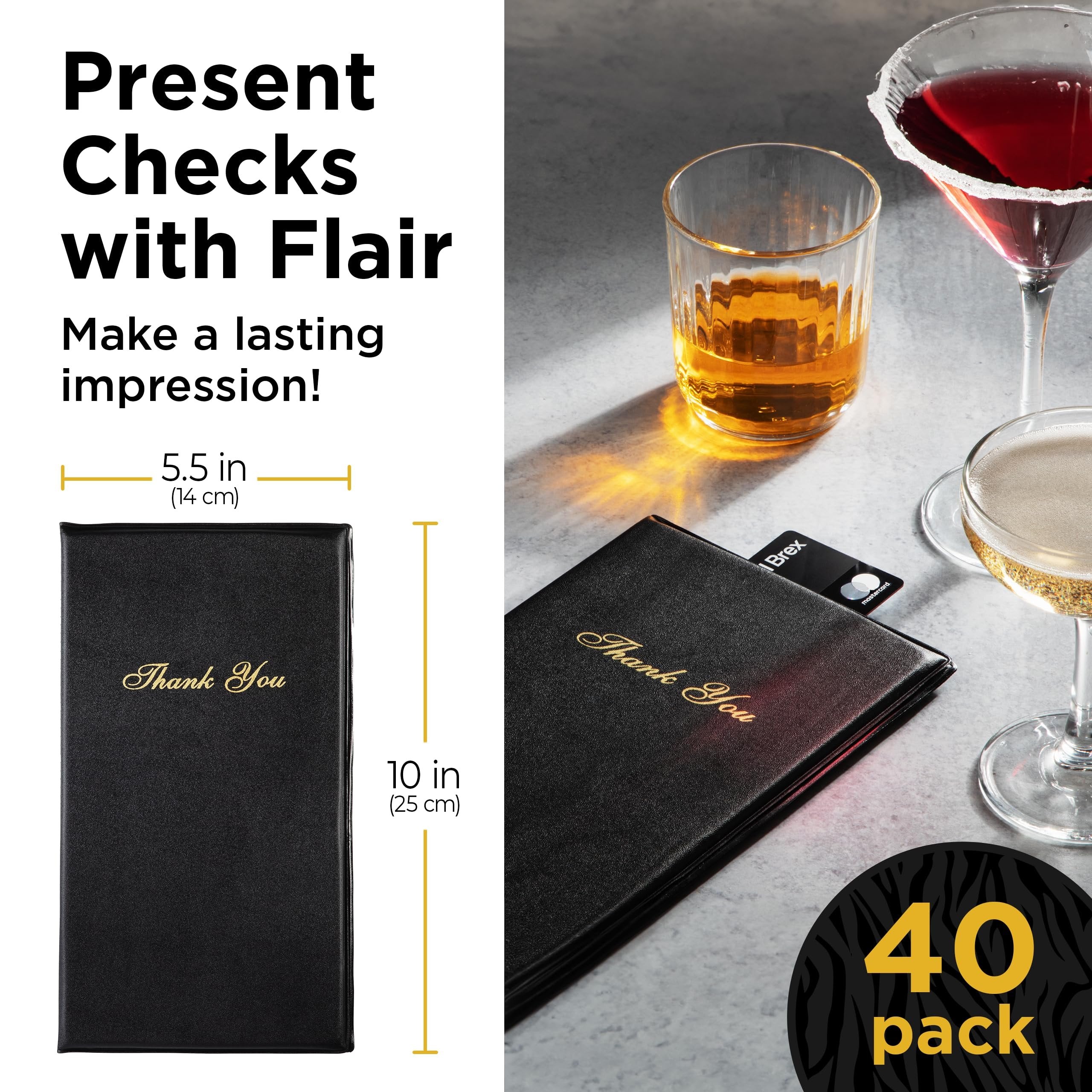 Restaurant Check Presenters - Guest Check Card Holder with Gold Thank You Imprint - (Black 40 Pack) - Check Presenters for Restaurants | Check Presenters for Servers