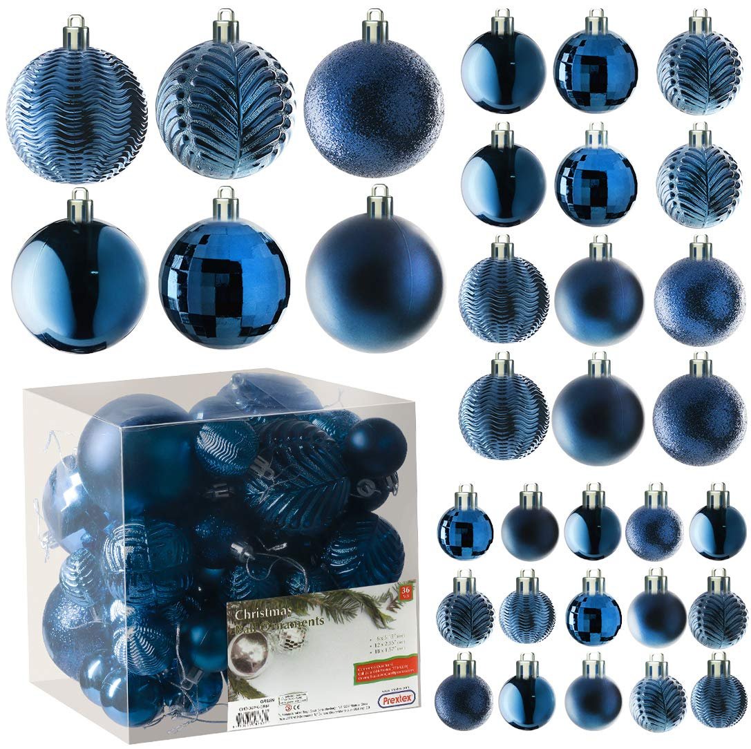 Prextex Midnight Blue 36-Piece Shatterproof Christmas Ball Ornament The Perfect Glitter Balls, Christmas Tree Baubles Christmas Decorations, Exquisite Xmas Combo of 36 Christmas Balls and Shape Styles