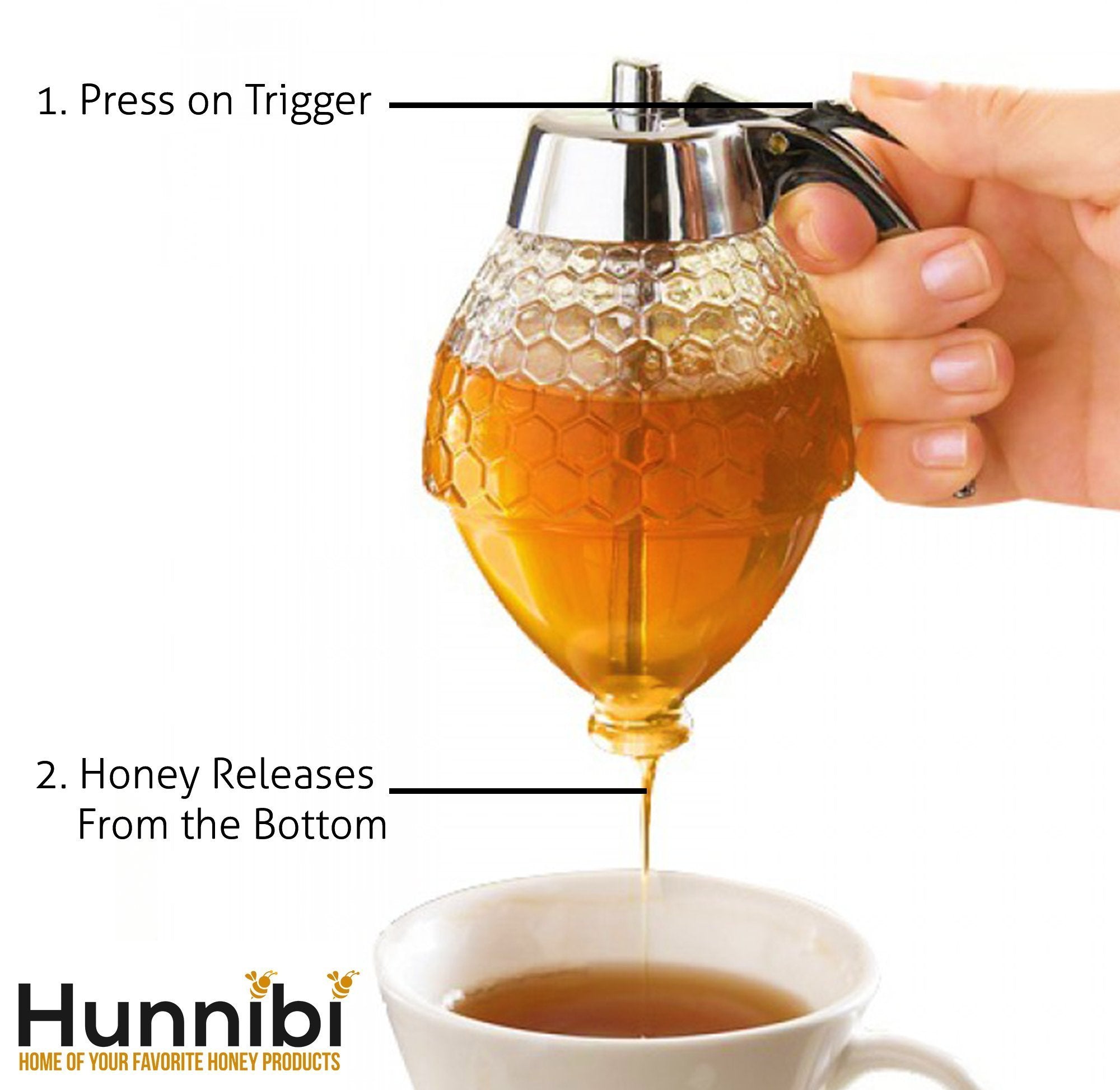 Hunnibi No Drip Glass Honey Dispenser - Beautiful Honeycomb Shaped Pot and Maple Syrup Dispenser - Great Bee Decor and Stand - Honey Jar