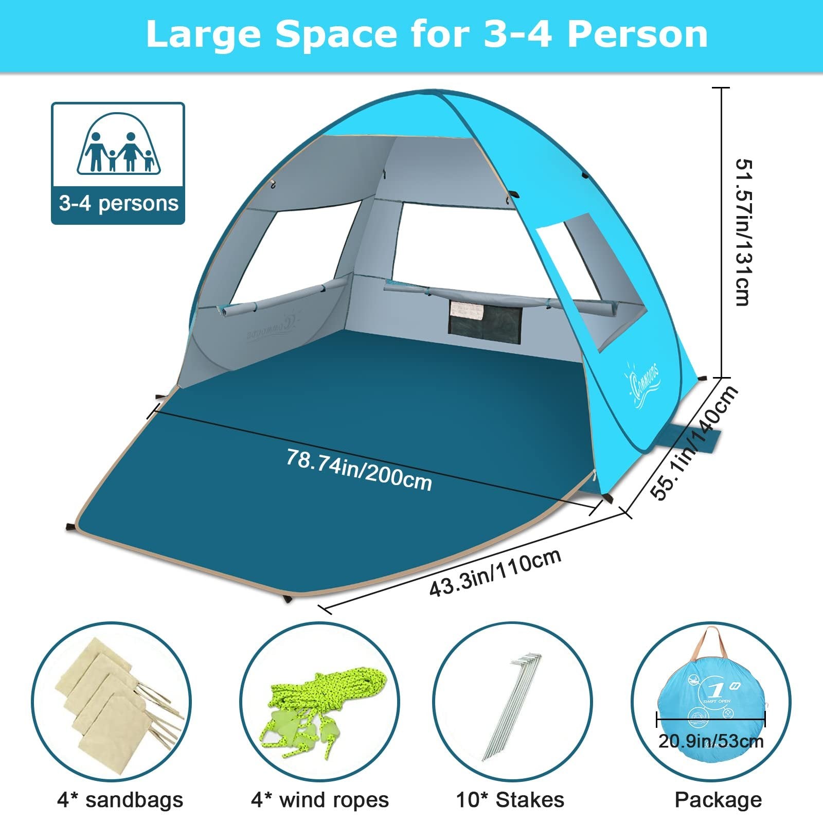 COMMOUDS Large Pop Up Beach Tent for 3-4 Person, UPF 50+ Beach Sun Shade, Automatic Beach Sun Shelter Umbrella with Carry Bag, Lightweight and Easy Set Up