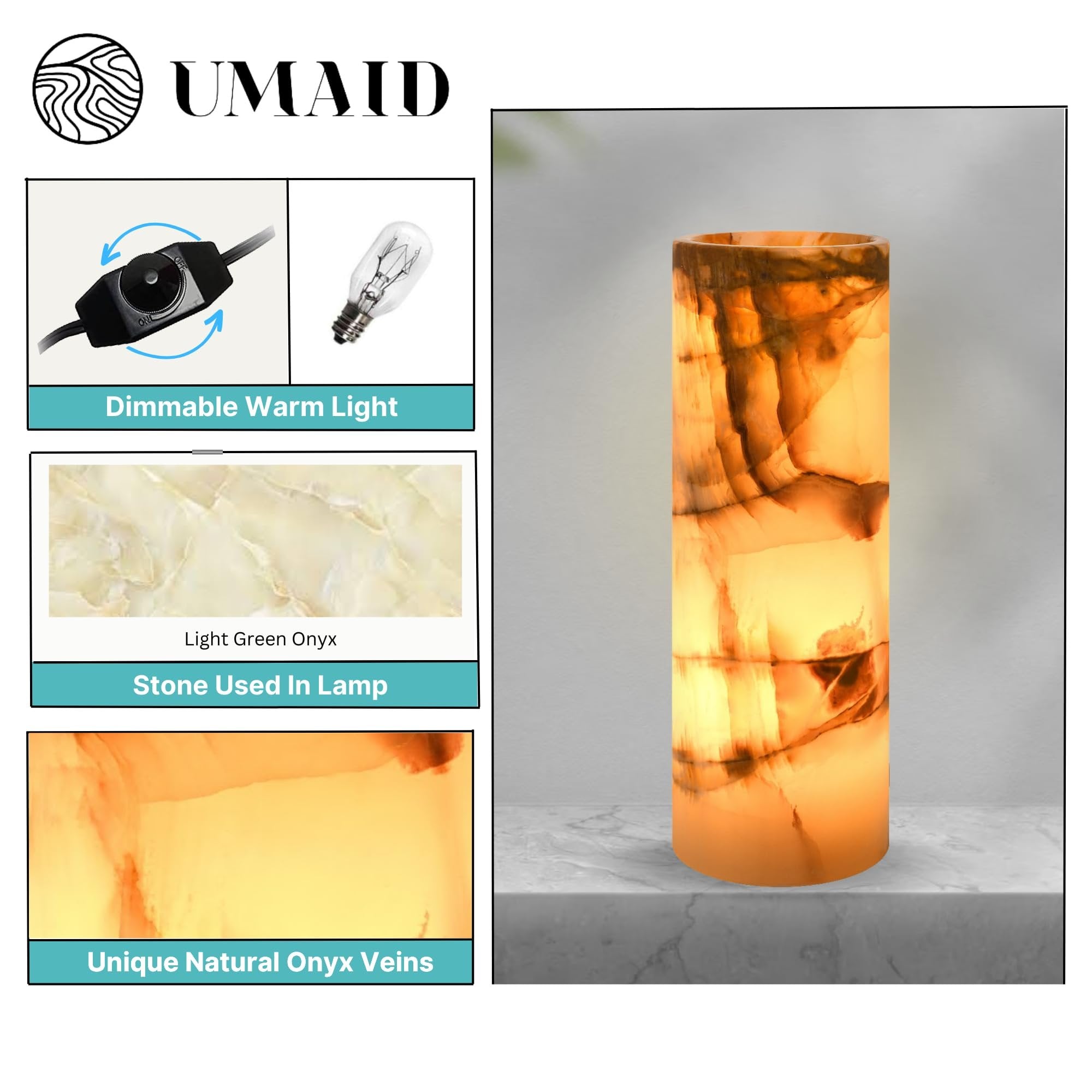 UMAID Elegant Handcrafted Onyx Marble Table Lamp, Warm Amber Glow, Relaxing Table Lamp for Office, Bedroom, Living Room, and Bedside, Includes Bulb and Dimmable Cord, Unique Home Decor Gifts