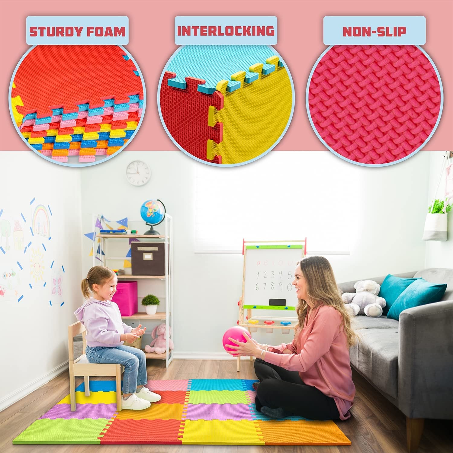 ToyVelt Foam Play Mat for Baby Kids Interlocking Foam Puzzle Floor Mats – EVA Non Toxic for Crawling, Exercise, Playroom, Play Area, Baby Nursery - 16 Tiles, Solid Colors