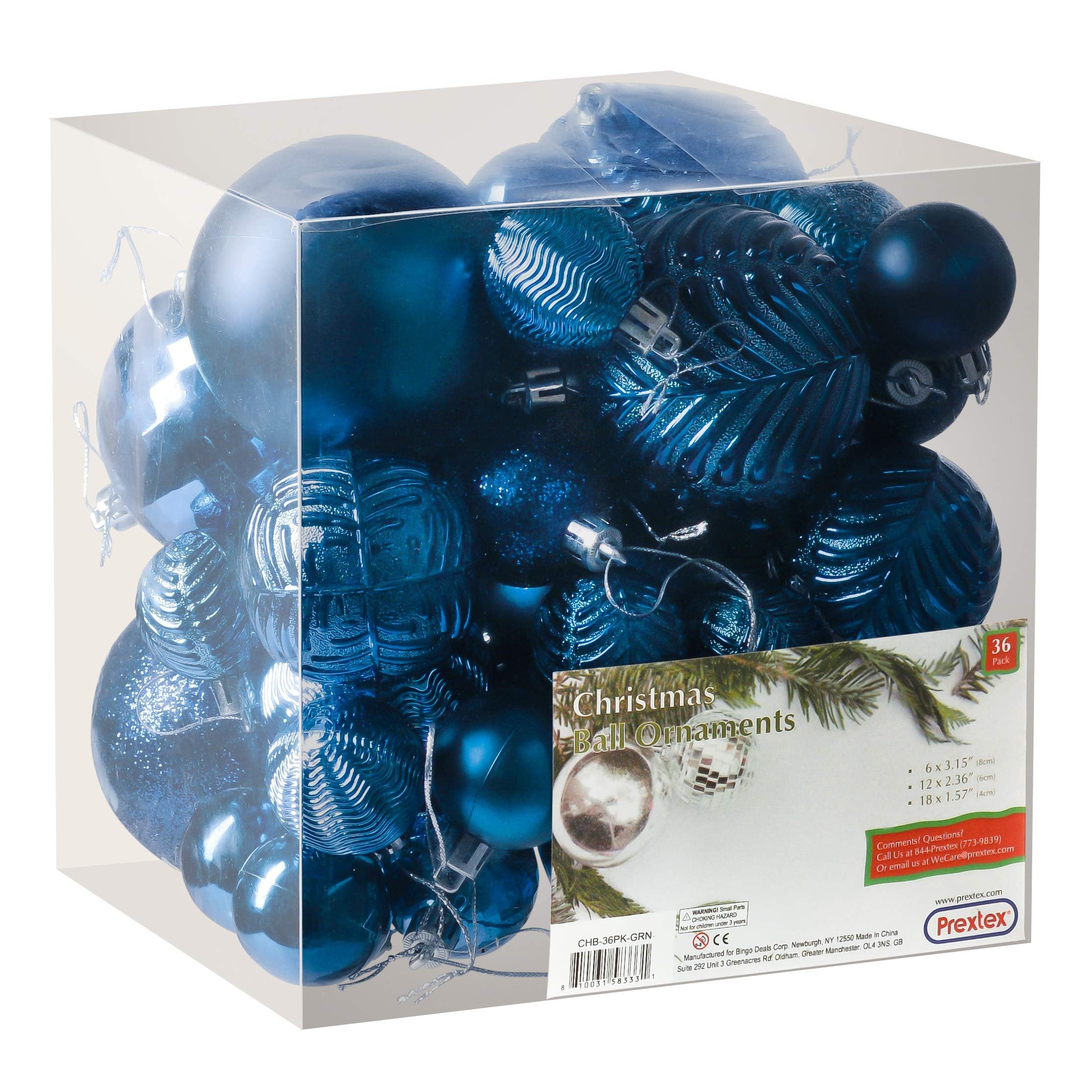 Prextex Midnight Blue 36-Piece Shatterproof Christmas Ball Ornament The Perfect Glitter Balls, Christmas Tree Baubles Christmas Decorations, Exquisite Xmas Combo of 36 Christmas Balls and Shape Styles
