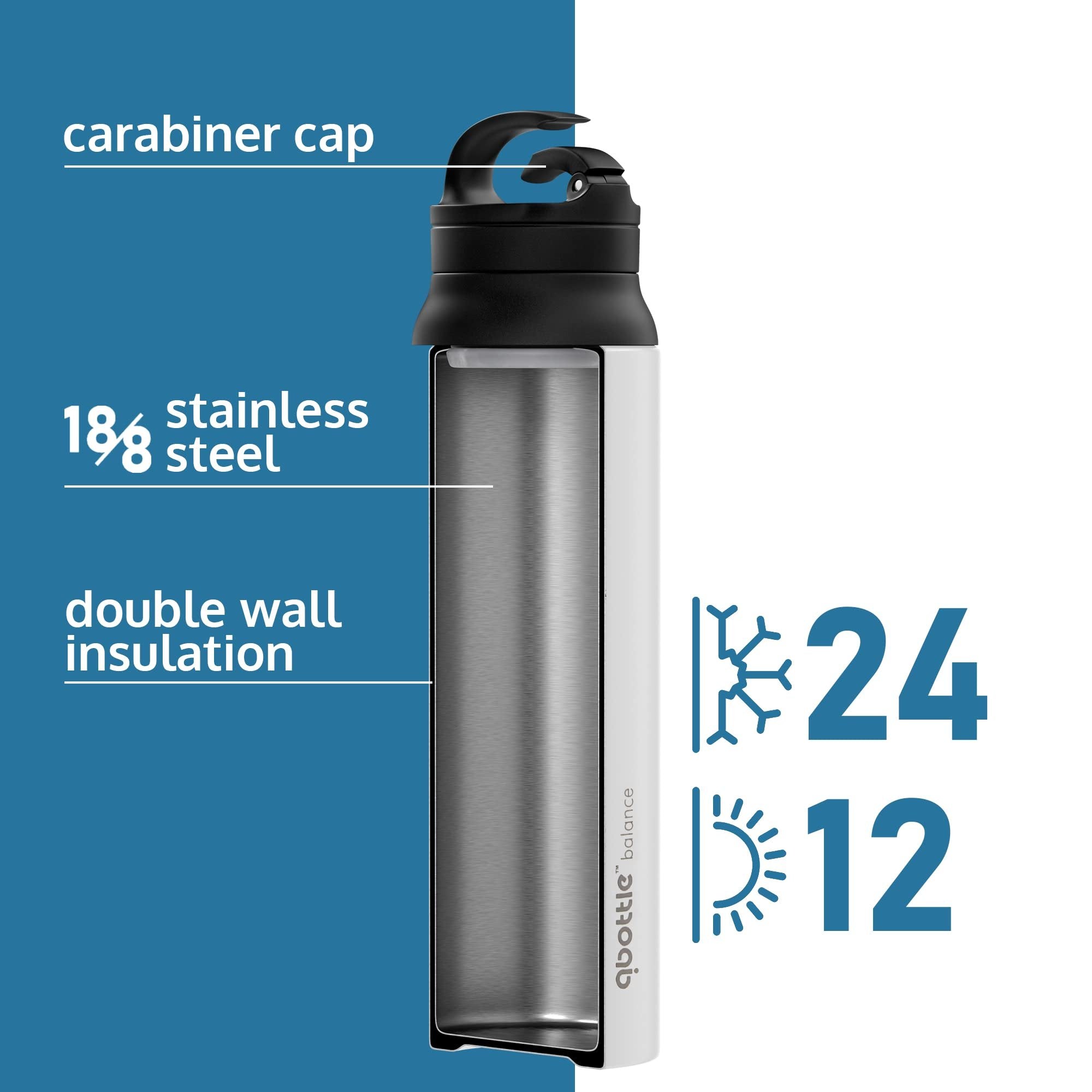 qbottle Insulated Water Bottles with Carabiner Lid - Stainless Steel Water Bottle - Leak Proof Metal Water Bottle - No Sweat - Wide Mouth - Ice White, 27 oz