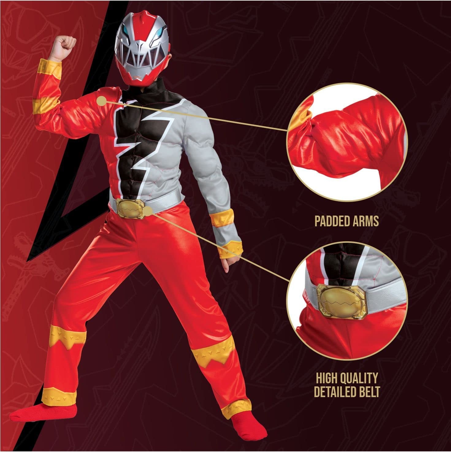 Red Ranger Muscle Costume for Kids, Official Power Rangers Dino Fury Outfit with Mask, Child Size Medium (7-8)