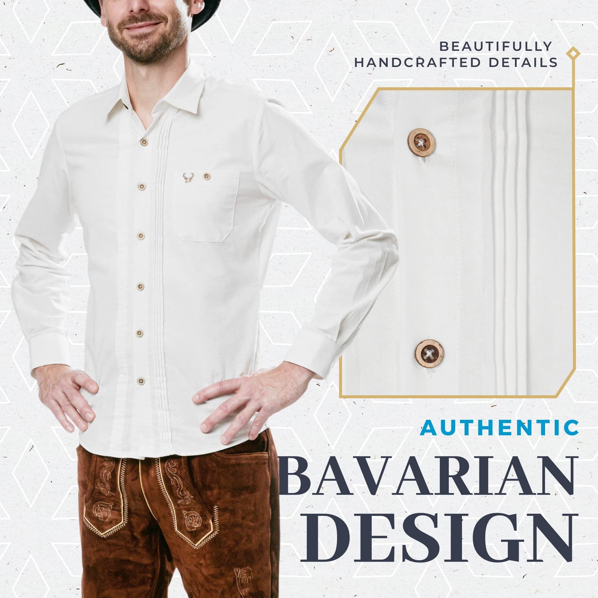 BAVARIA TRACHTEN German Oktoberfest Shirts for Men - Authentic German Lederhosen Shirt Men - Original Bavarian Shirt for Lederhosen Outfit - White - Tracht - Size 10-13