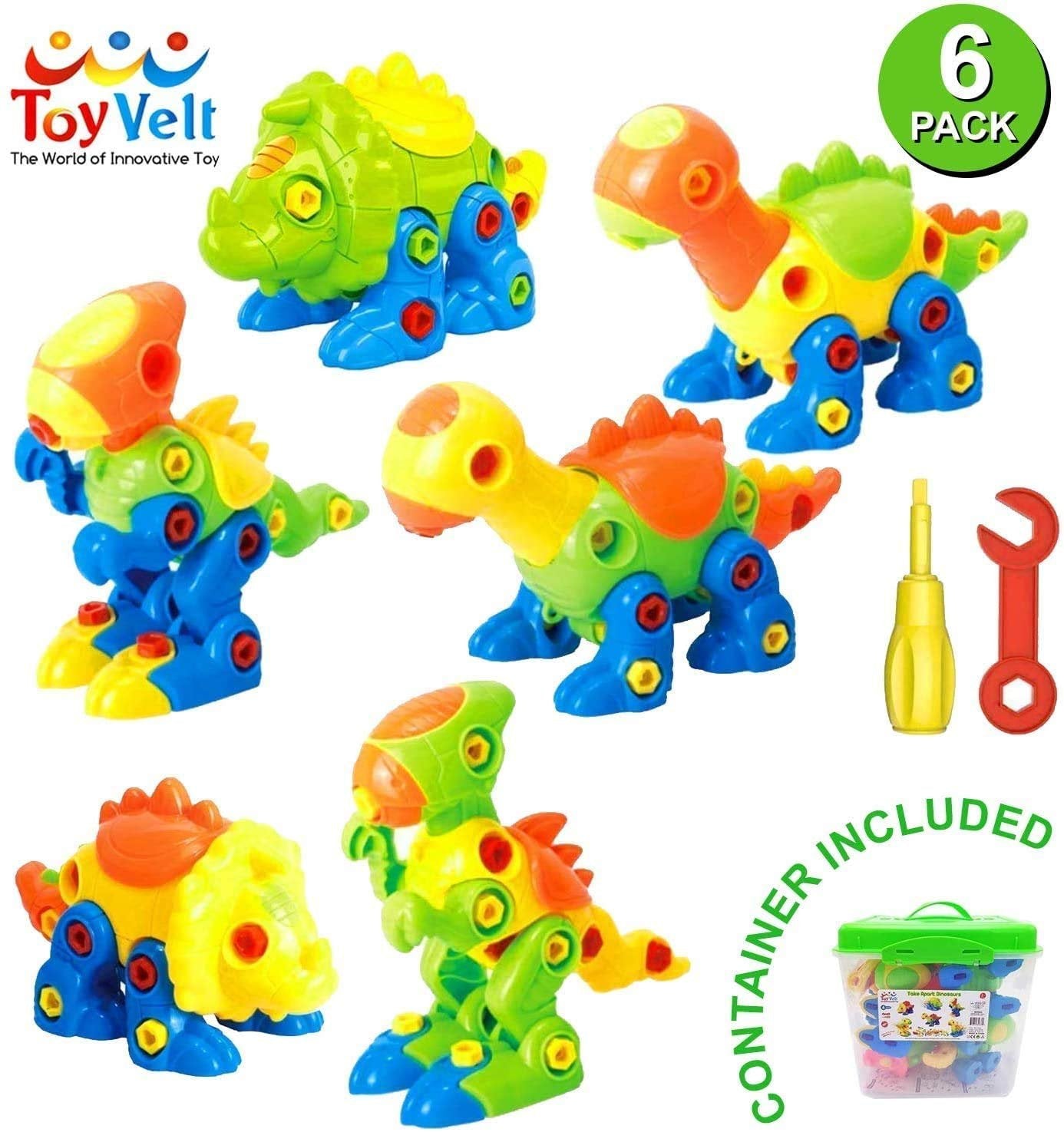 ToyVelt Take Apart Dinosaur Toys for Boys & Girls Age 3-12, 6 Dinosaur Toys with Rotating Wheels, 218 Piece STEM Construction Comes with a Storage Box, 12 Tools, Birthday Gifts Toys for 5 Year Old