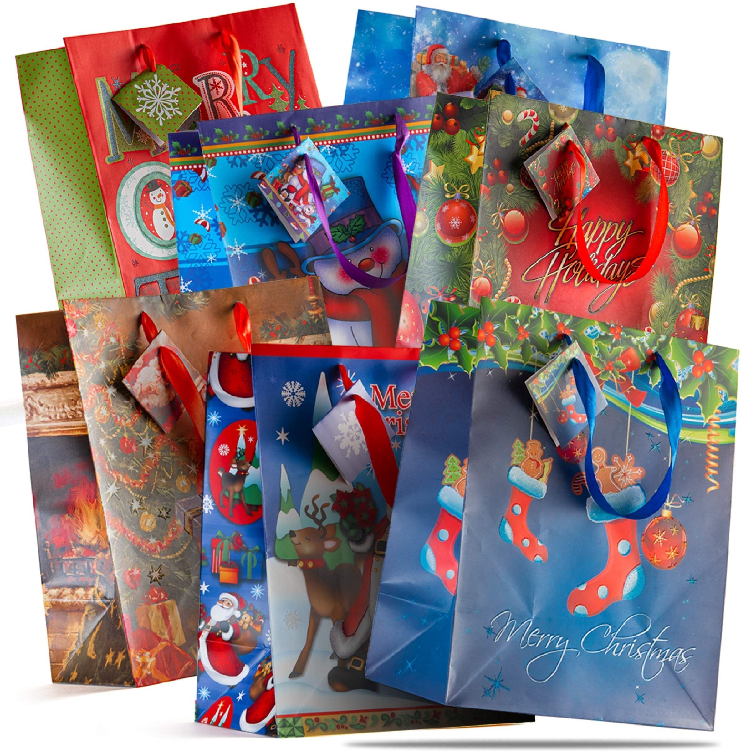 PREXTEX 12 Assorted 13 Inch Christmas Gift Bags: bulk tissue paper bags large size in assorted bright prints christmas bags for gifts party favors