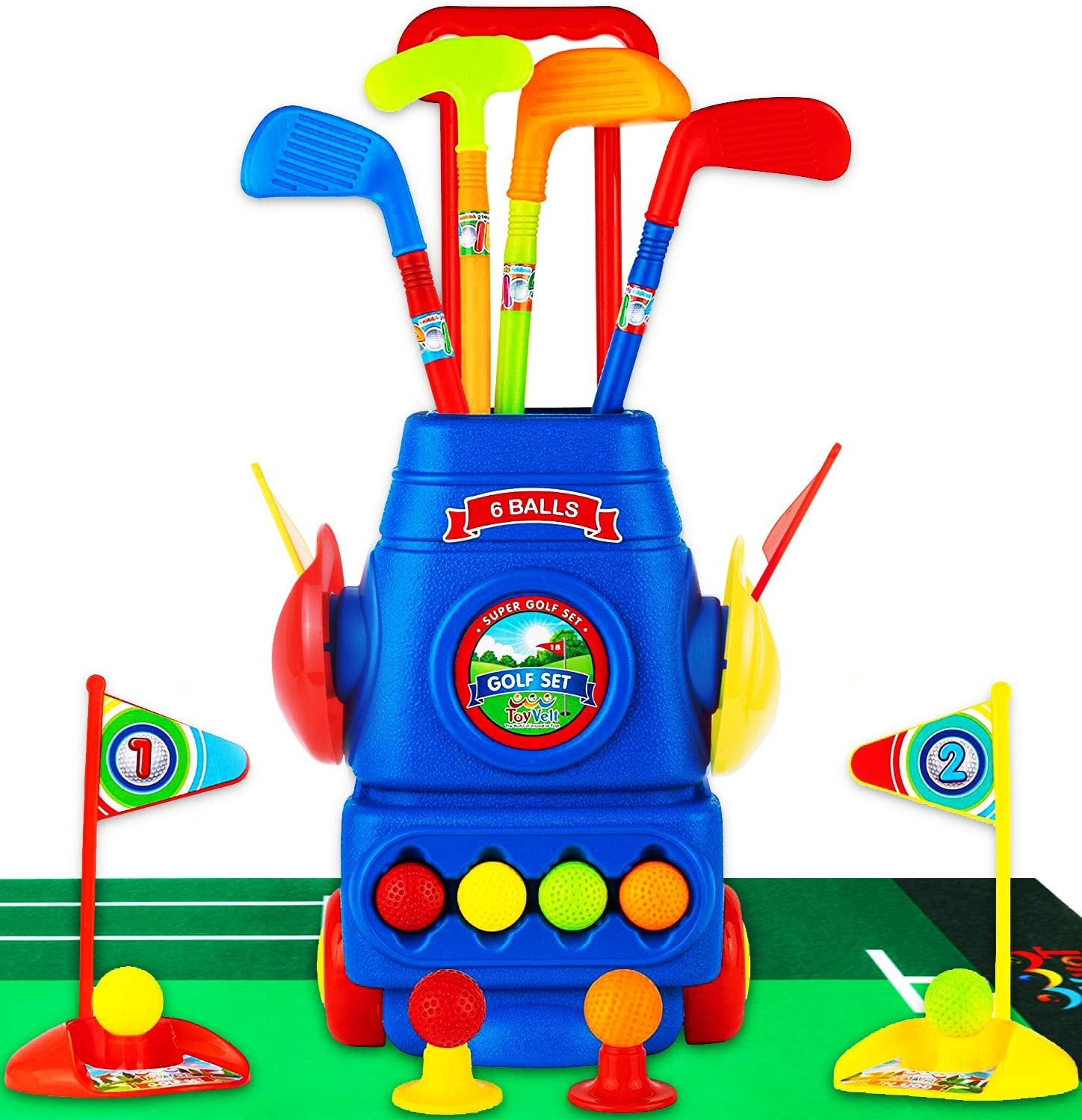 Blue ToyVelt Toddler Golf Set - 4 Clubs, 6 Balls, Putting Mat, 2 Holes - Toys for 2-5 Year Old Boys