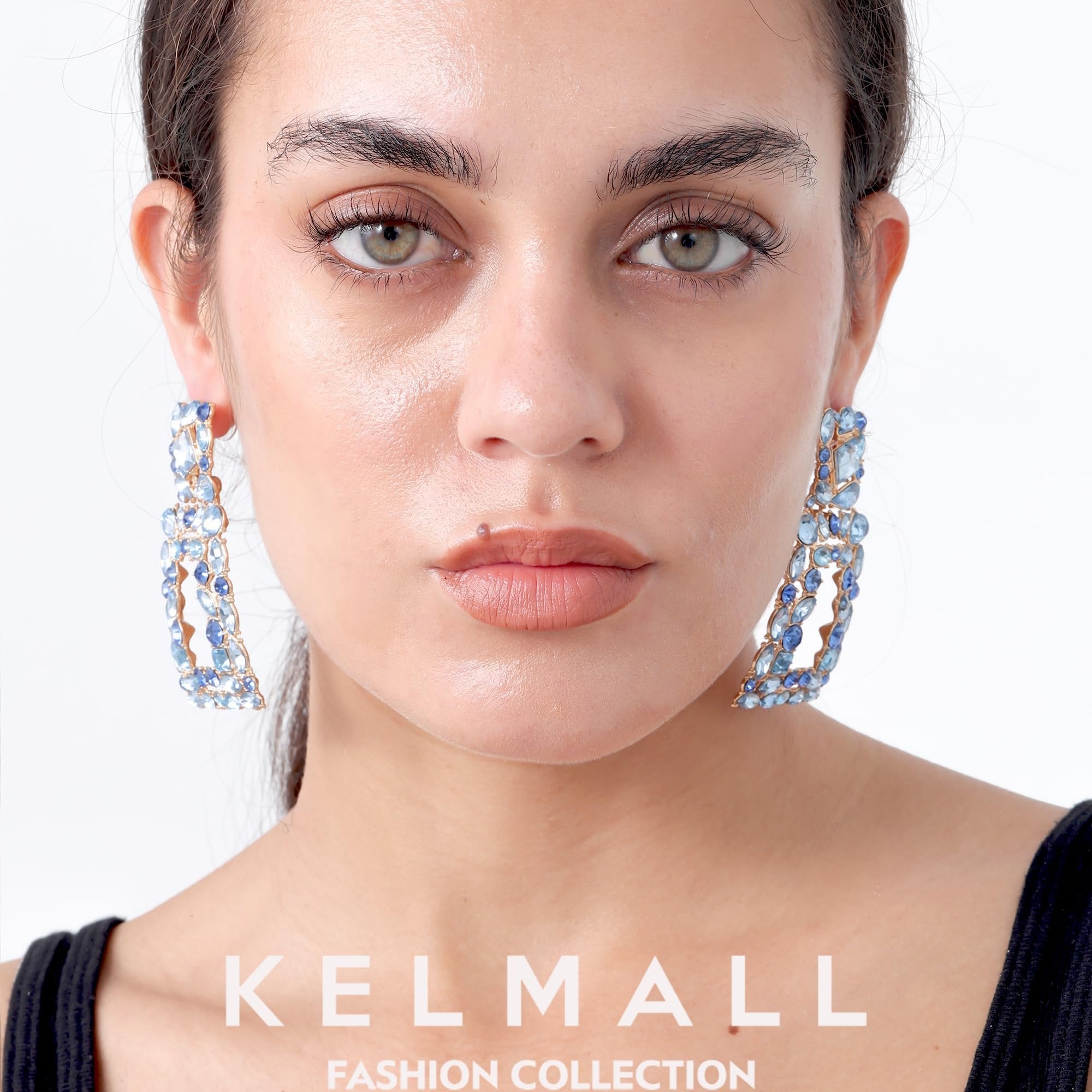 KELMALL Sparkly Rhinestone Rectangle Dangle Earrings for Women Crystal Geometric Drop Trendy Statement Earrings-Light Blue