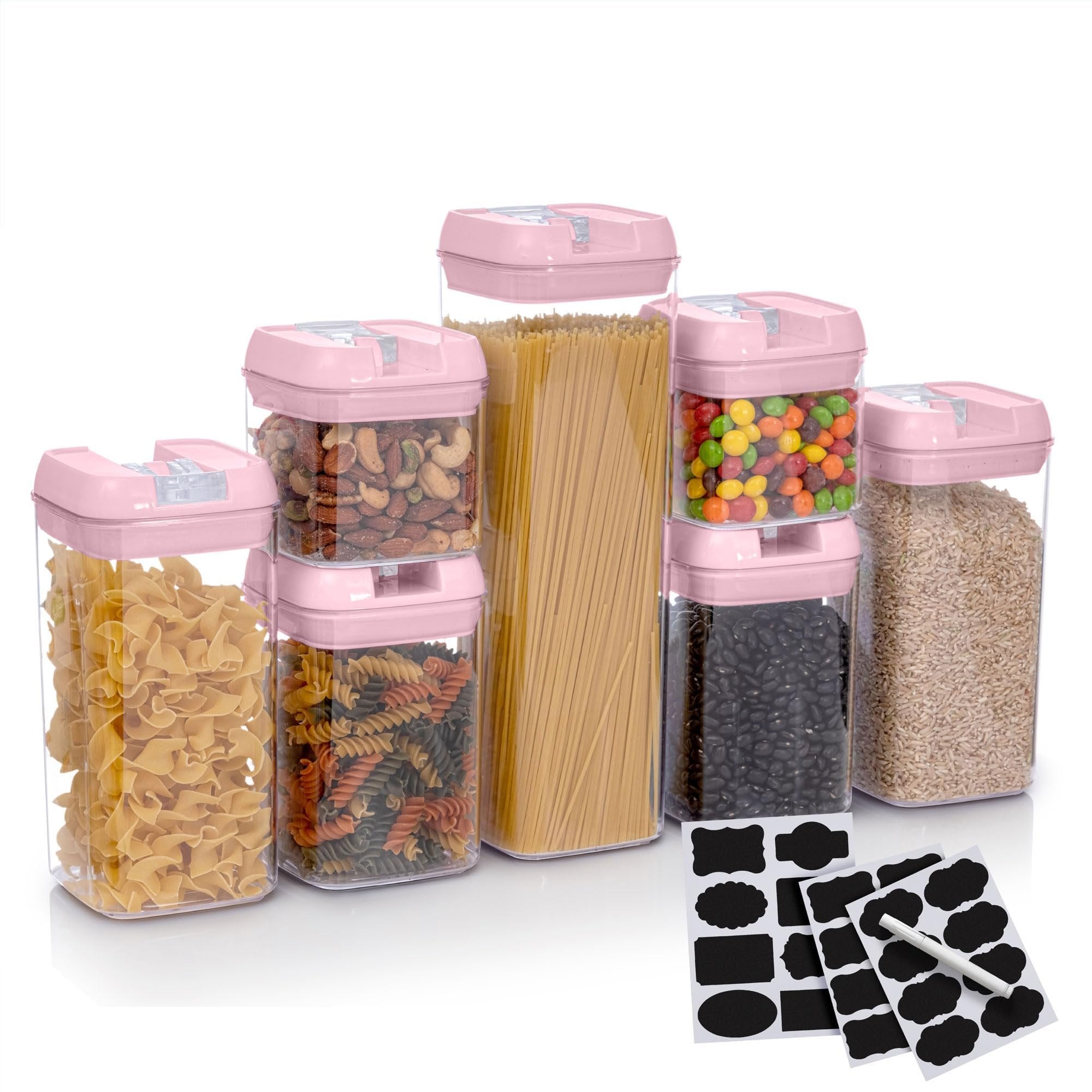 Cheer Collection Stackable Airtight Food Storage Containers - BPA Free Plastic Food Organizer for Pantry with Dry Erase Marker and Labels, Pink (Set of 7)