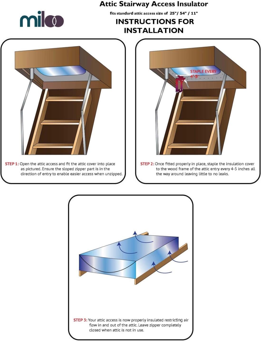 Attic Stairs Insulation Cover for Pull Down Stair 25" x 54" x 11"- R-Value 15.6 Extra Thick Fire Proof Attic Cover Stairway Insulator with Easy Installation, Low-dip Entrance and Tear by Miloo