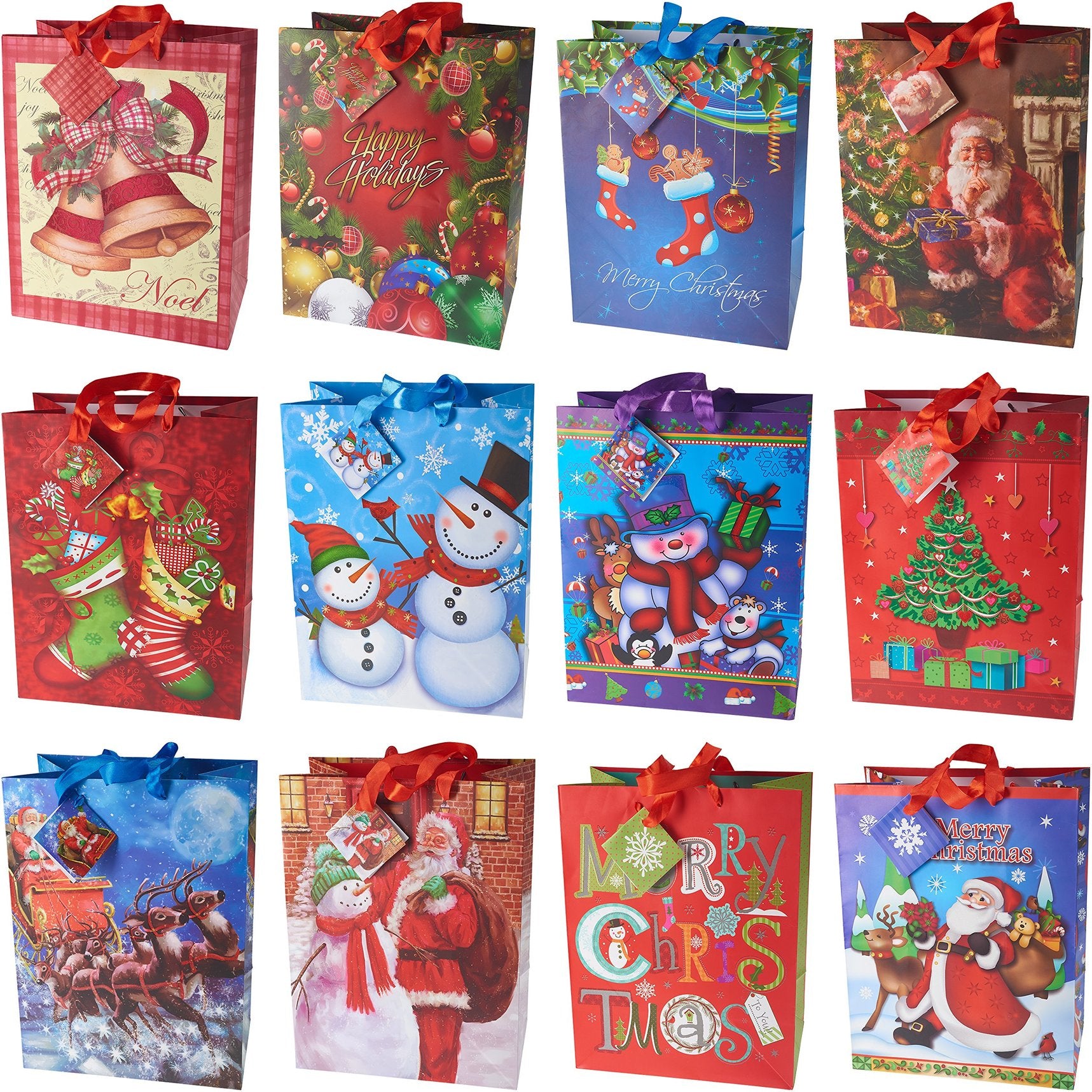 PREXTEX 12 Assorted 13 Inch Christmas Gift Bags: bulk tissue paper bags large size in assorted bright prints christmas bags for gifts party favors