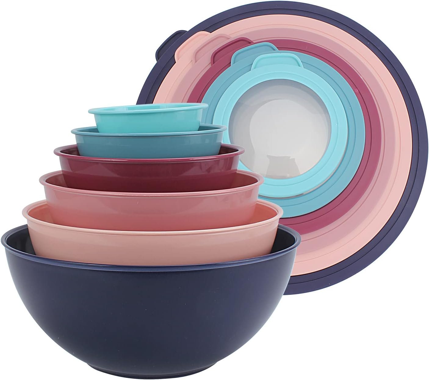 COOK WITH COLOR Mixing Bowls with TPR Lids - 12 Piece Plastic Nesting Bowls Set includes 6 Prep Bowls and 6 Lids, Microwave Safe Mixing Bowl Set (Multicolored Set with Large Blue Bowl)