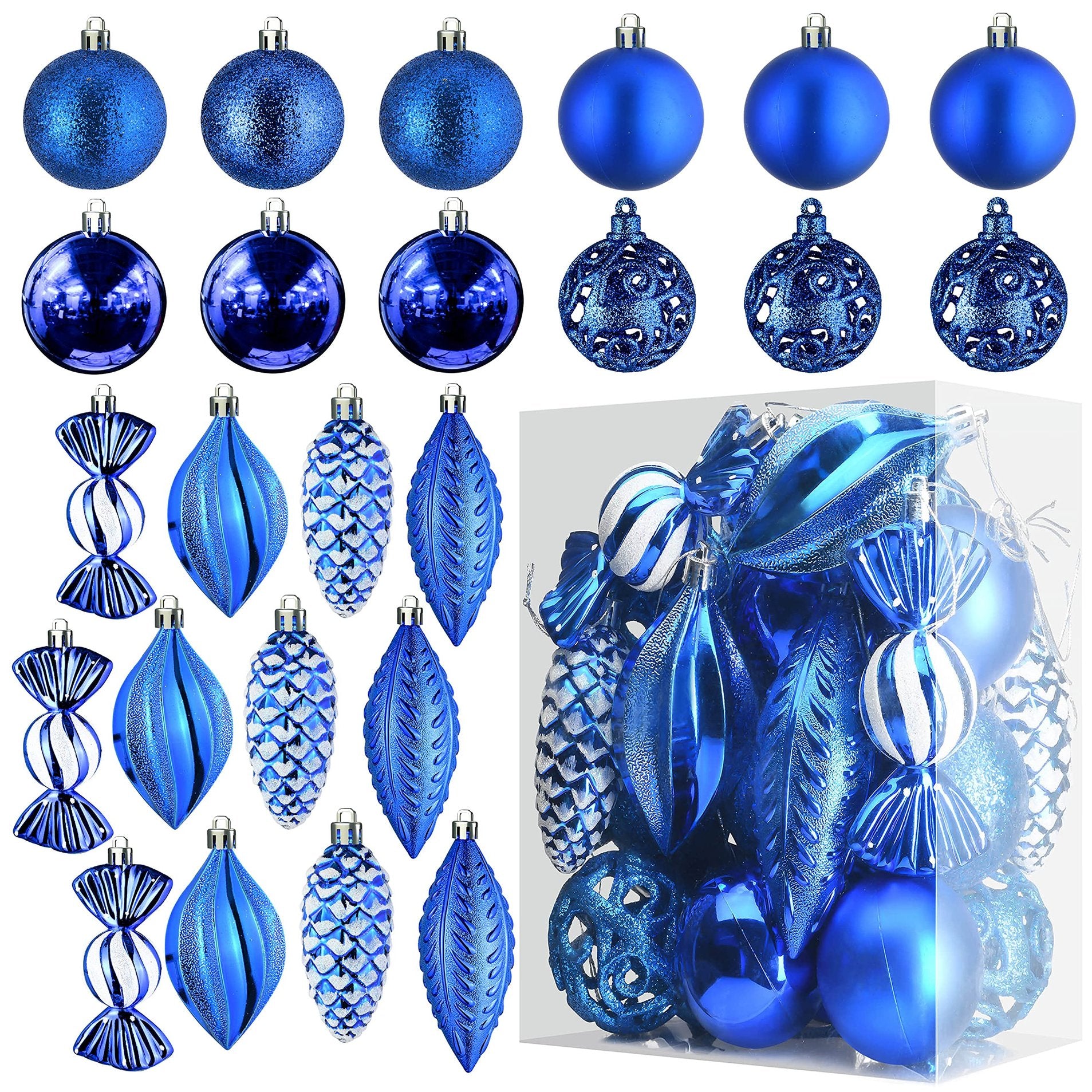 Prextex Christmas Tree Ball Ornaments - Blue Christmas Ornaments Set for Christmas, Holiday, Wreath & Party Decorations (24 pcs - Small, Medium, Large) Shatterproof