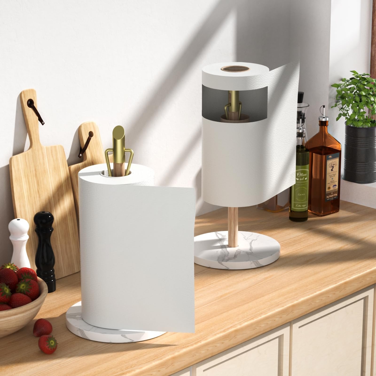 ASTOFLI Marble Paper Towel Holder Stand, Gold Paper Towel Holder Countertop, Wood Paper Towel Stand for Kitchen, Weighted Paper Towel Holder Counter, Free Standing Paper Towel Holder for Large Rolls
