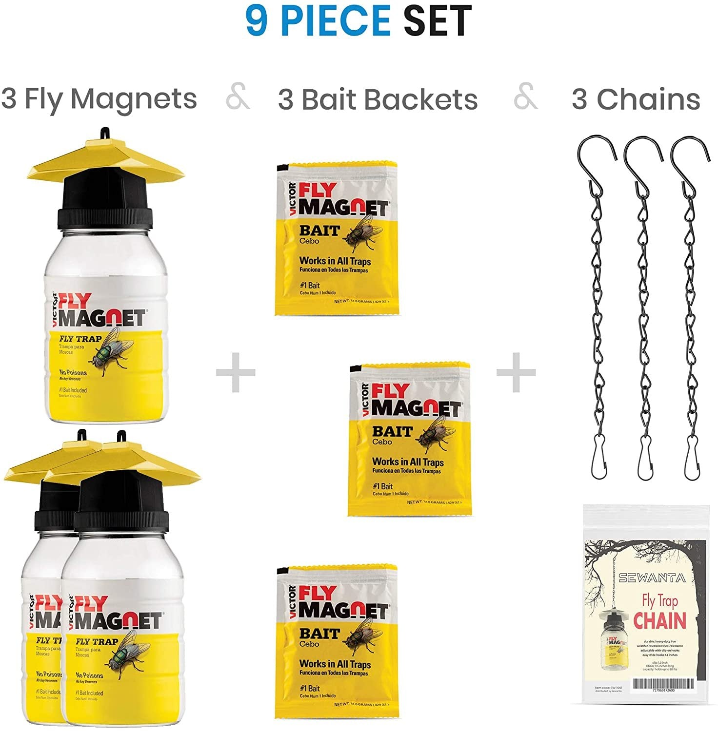 [Set of 3] Reusable Outdoor Fly Traps 32 oz - Fly Magnet Bait Trap - Made in USA - Bundled with 3 Bait Refills and 3 Hanging Chains