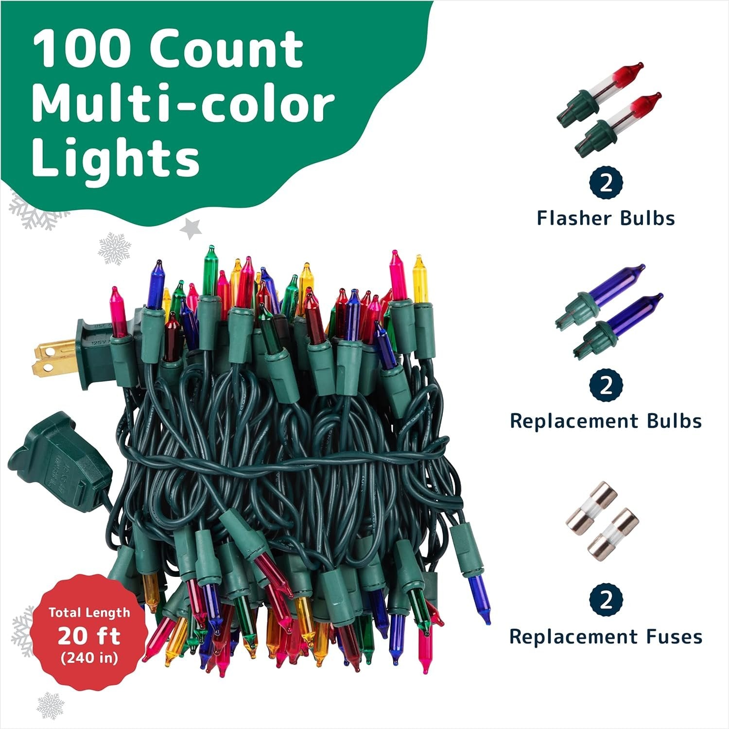 PREXTEX Christmas Lights (20 Feet, 100 Lights) – Multi Color Christmas Tree Lights Indoor with Green Wire - Colorful Holiday Christmas Light Indoor String Lights - Warm Multi Color Twinkle Lights