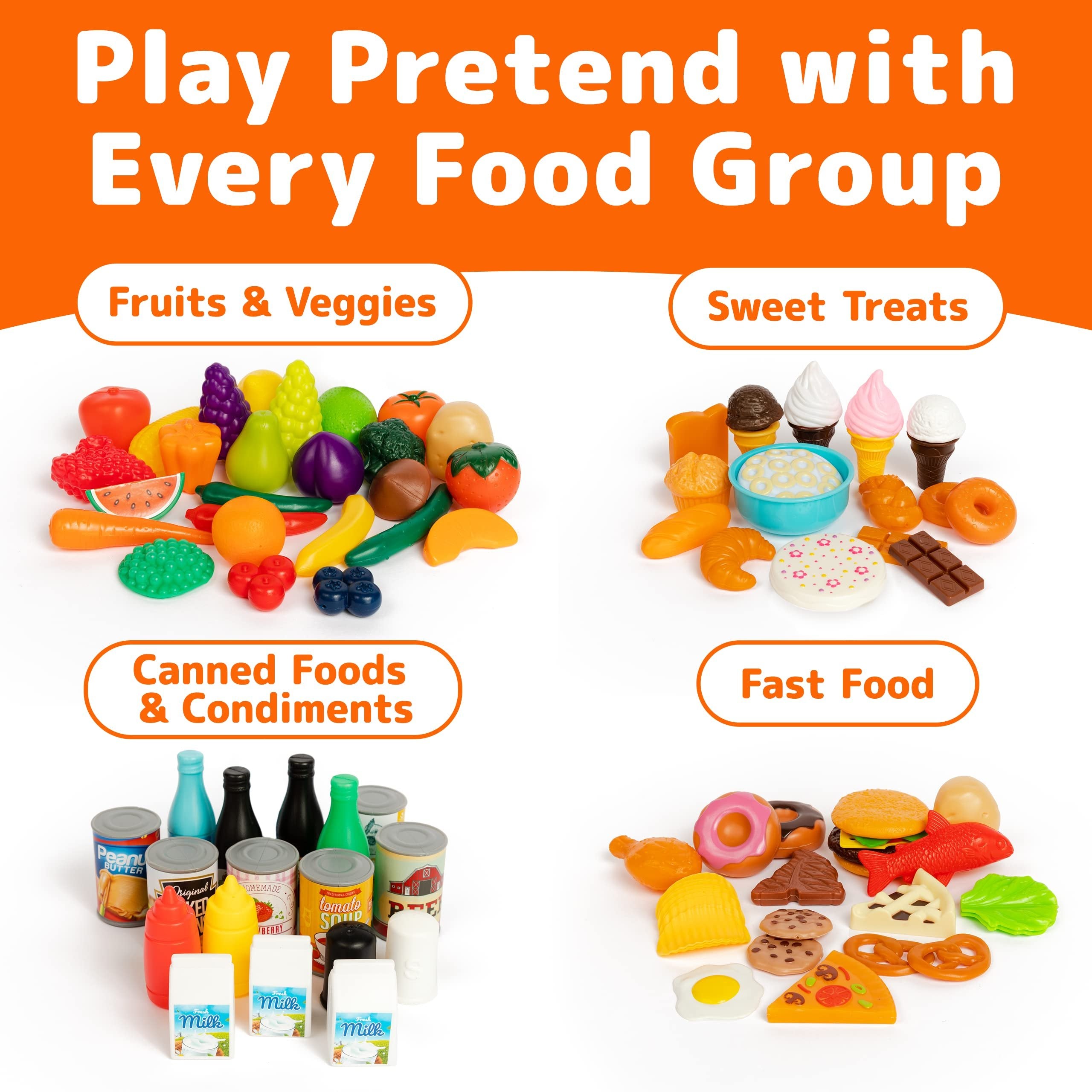 JaxoJoy Pretend Play Food Set, Toy Food Assortment Playset for Kids & Toddlers, Pretend Play Food Sets, Kids Kitchen Playset, Kitchen Toys, Reusable Color-in Bag, Play Kitchen Accessories (150pcs)