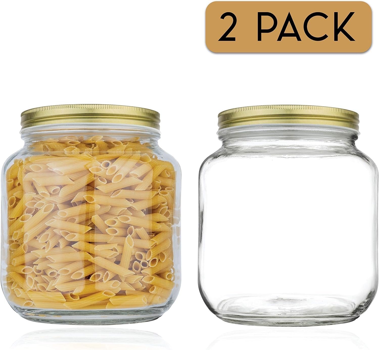 kitchentoolz 2 Pack Half Gallon Mason Wide Mouth Glass Jar with Airtight Metal Lid - Safe for Fermenting Kombucha Kefir - Curing Pickling, Storing and Canning - BPA-Free Gold Lid