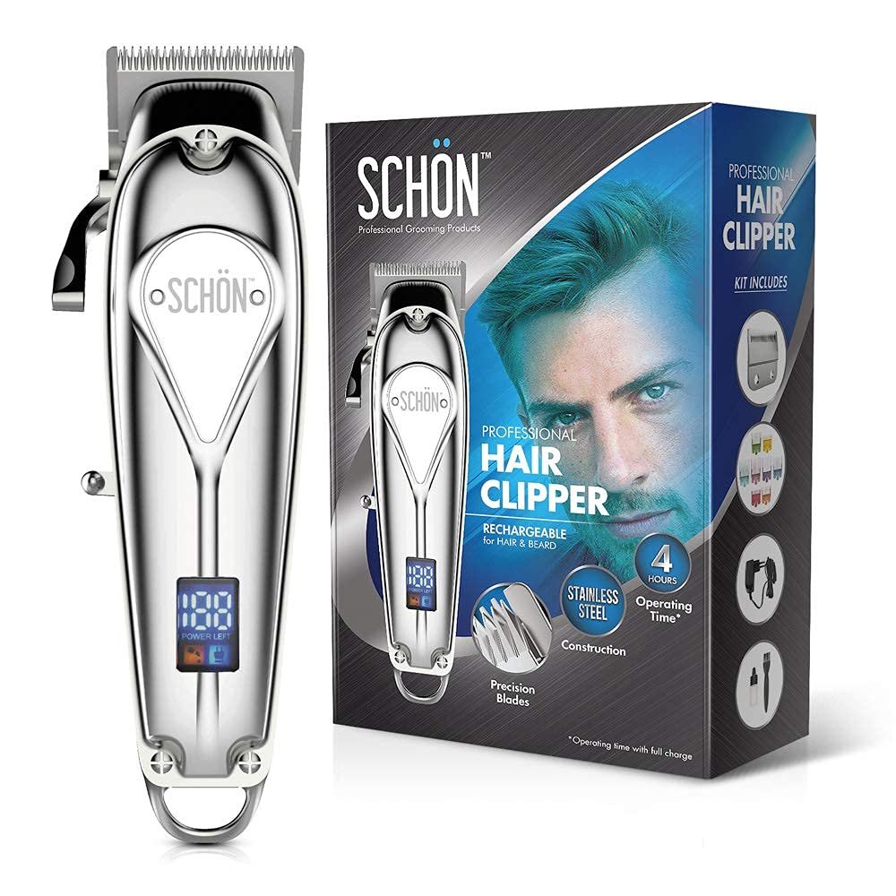 Schon Cordless Rechargeable Hair Clipper and Trimmer for Men, Women, Children - Solid Stainless Steel Electric Buzzer with Precision Blades, Hair Cutting Kit with 8 Color-Coded Guide Combs