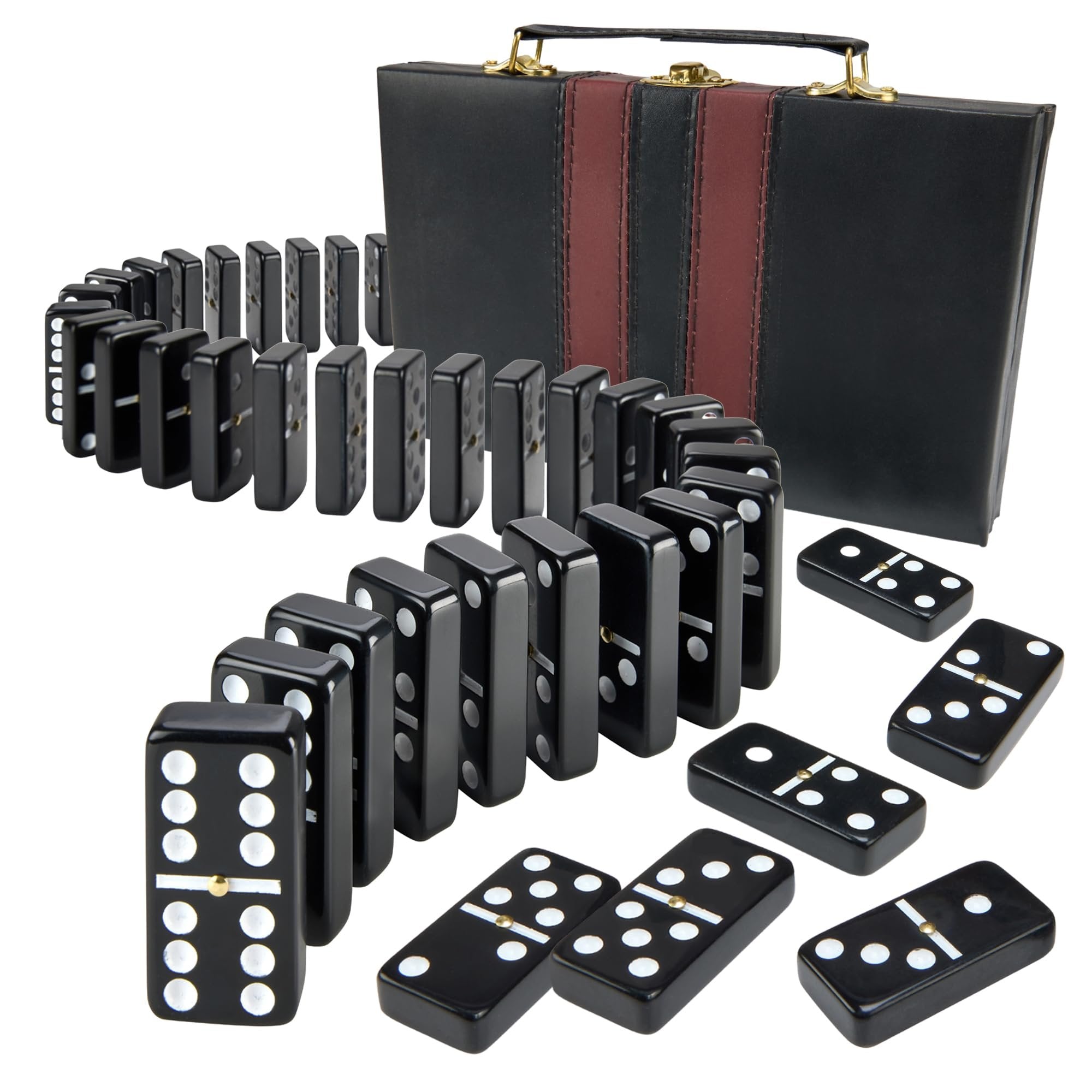 Playbees Jumbo Double Six Dominoes Set - 28 Black Classic Tiles in Faux Leather Case - Fun Educational Toy for Kids, Boys, Girls, Classroom Kit, Classic Game Night Party Favors Set, Travel-Friendly