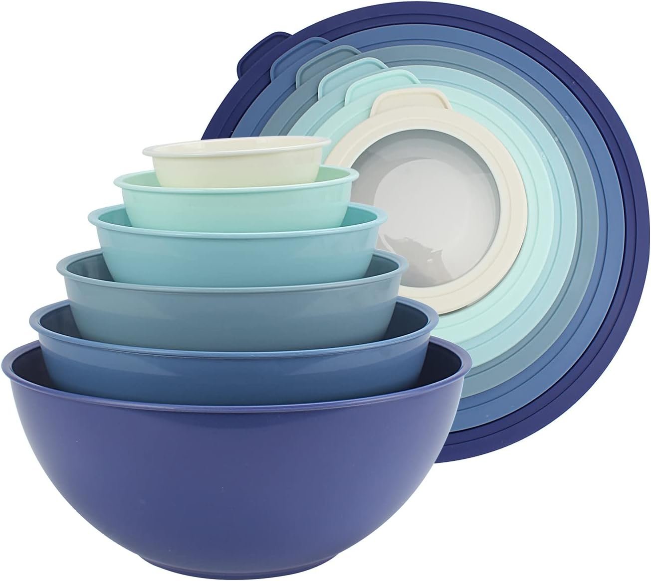 COOK WITH COLOR Mixing Bowls with TPR Lids - 12 Piece Plastic Nesting Bowls Set includes 6 Prep Bowls and 6 Lids, Microwave Safe (Blue)