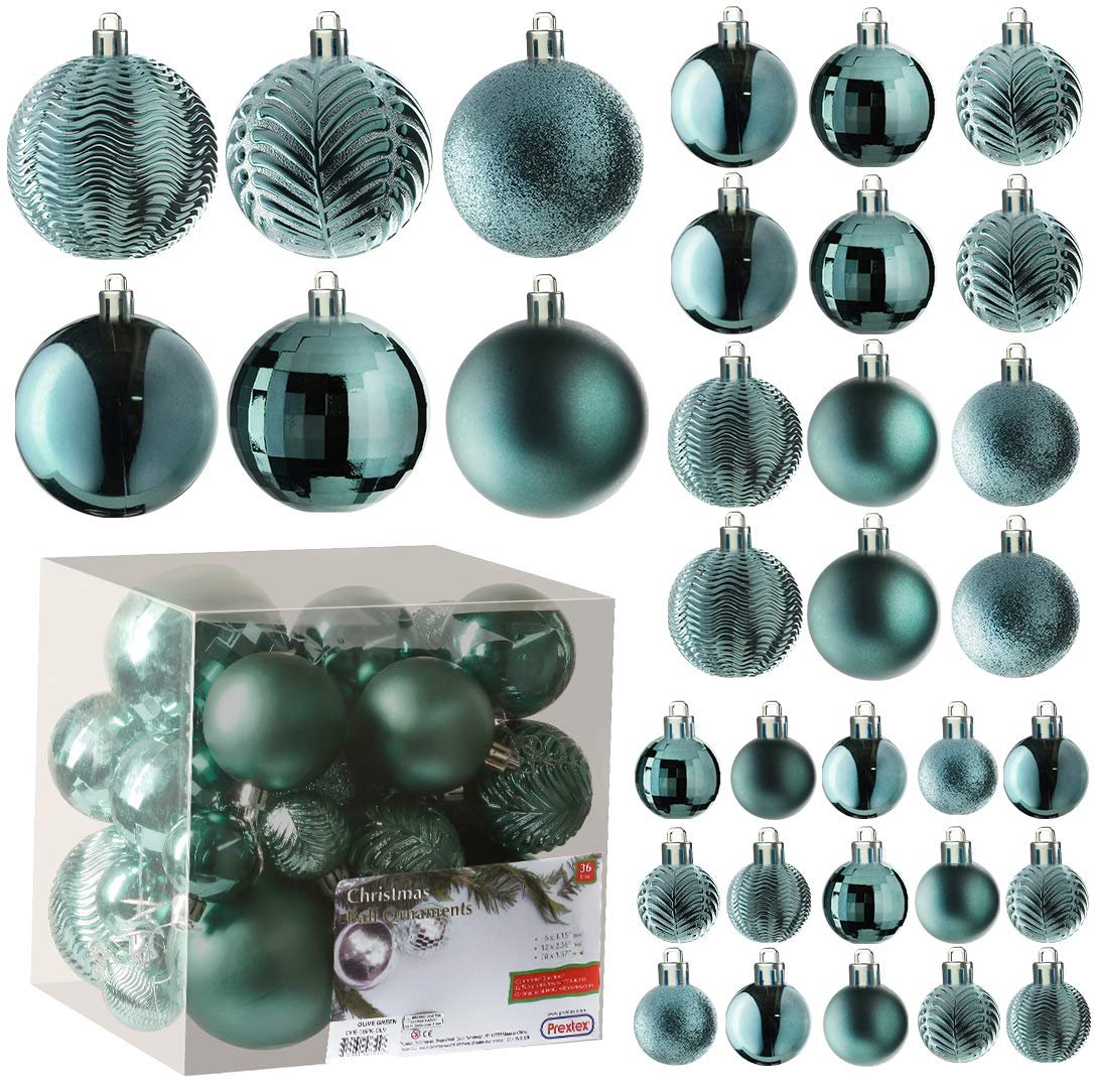 Prextex Olive Green 36-Piece Shatterproof Christmas Ball Ornament The Perfect Glitter Balls, Christmas Tree Baubles Christmas Decorations, Exquisite Xmas Combo of 36 Christmas Balls and Shape Styles