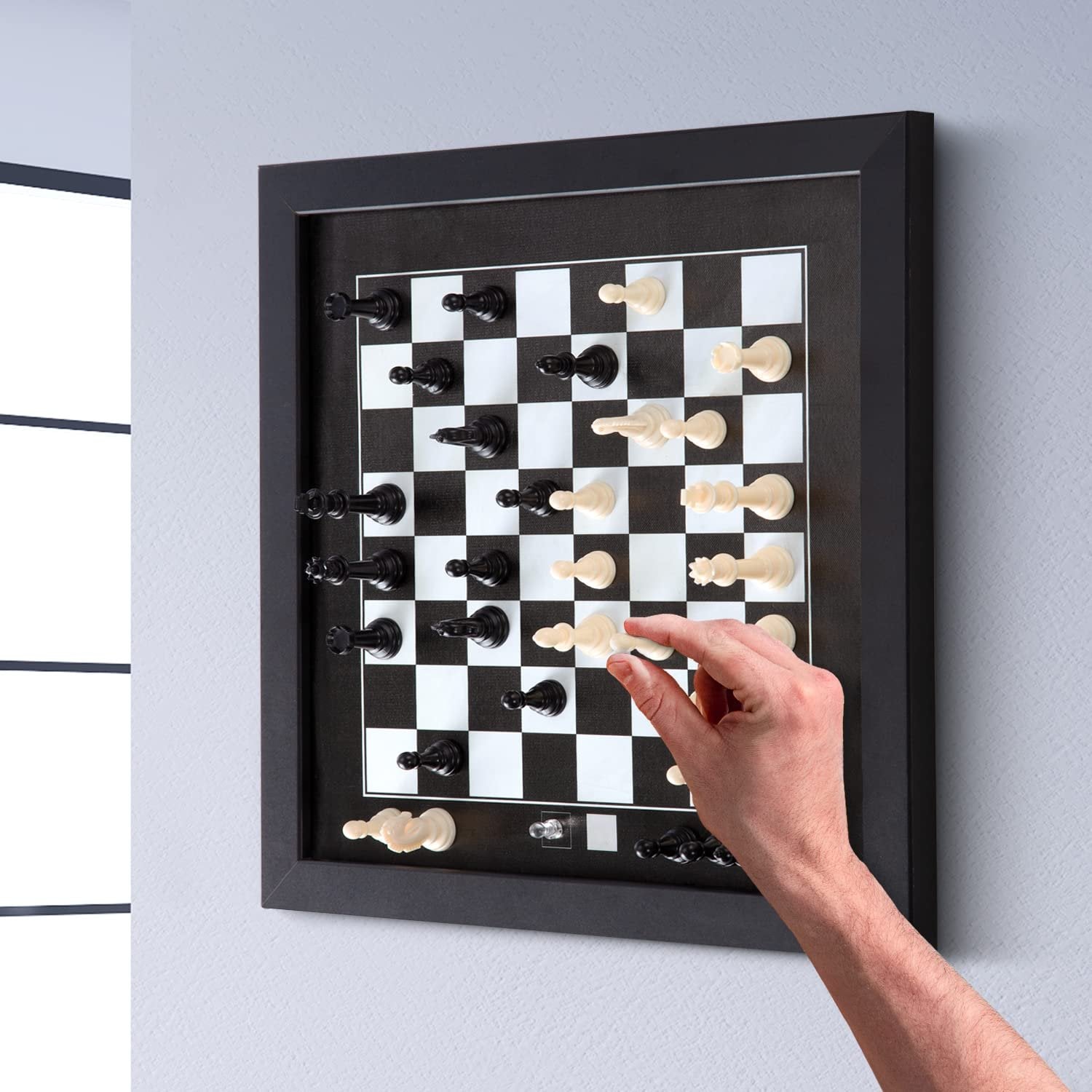 Bundaloo Hanging Magnetic Wall Chess Set - Wooden Board with Black & White Game Pieces - Chessboard Playing Art & Decor for Home and Office
